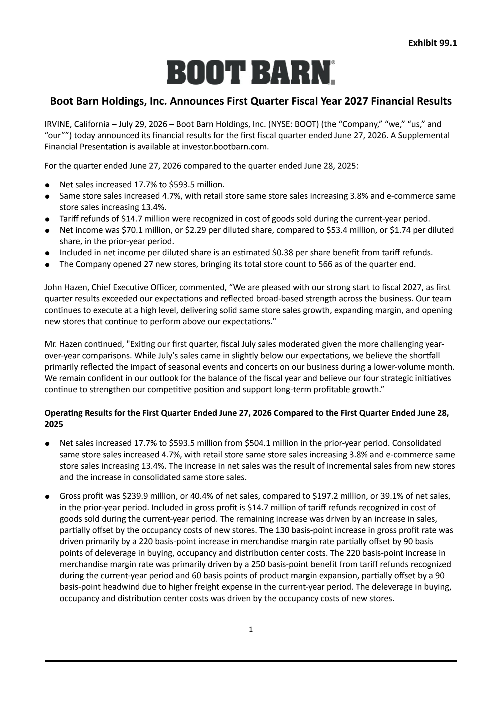 Boot Barn's Q1 2027 Press Release