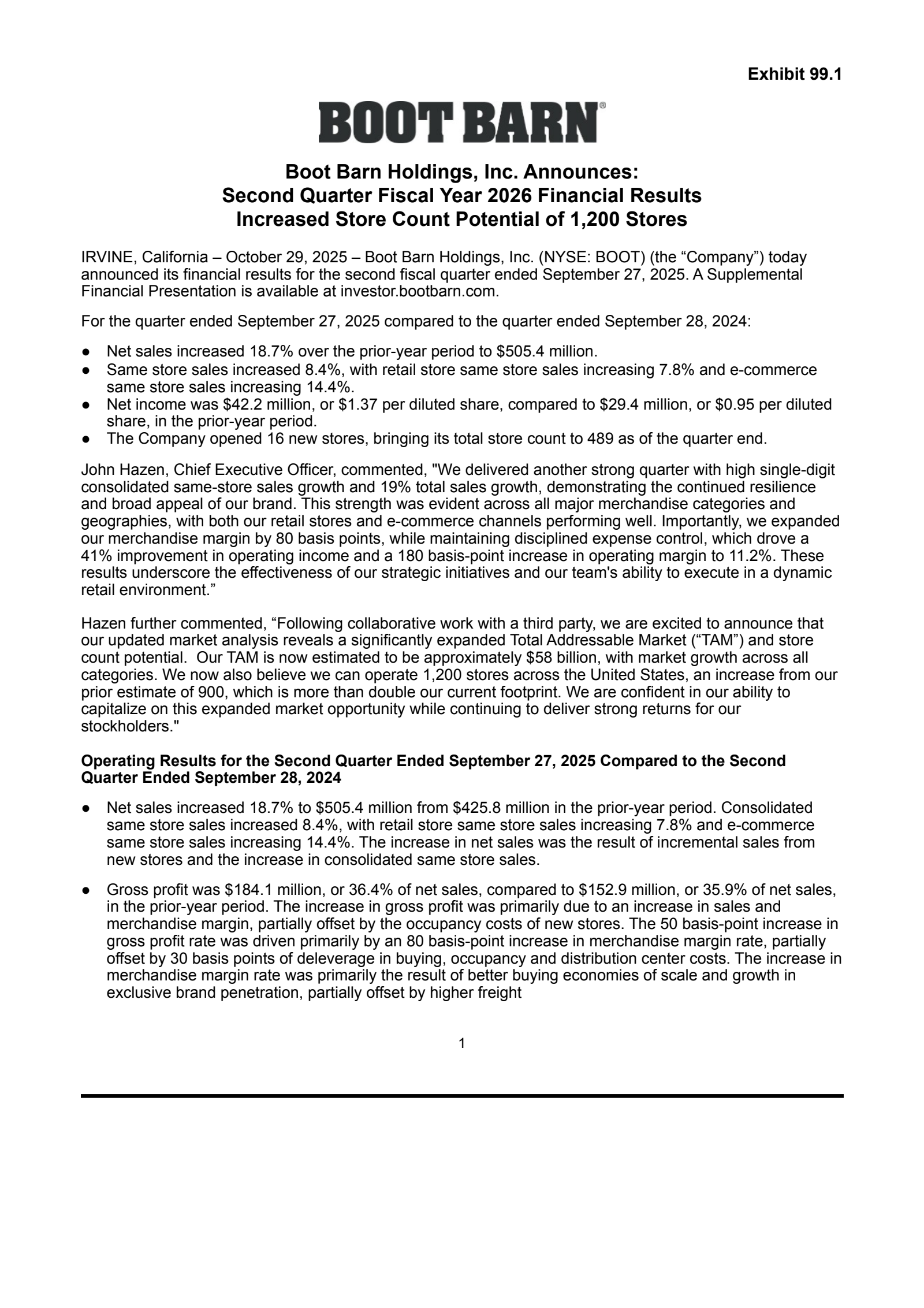 BOOT Q2 2026 Earnings Report on 10/29/2025