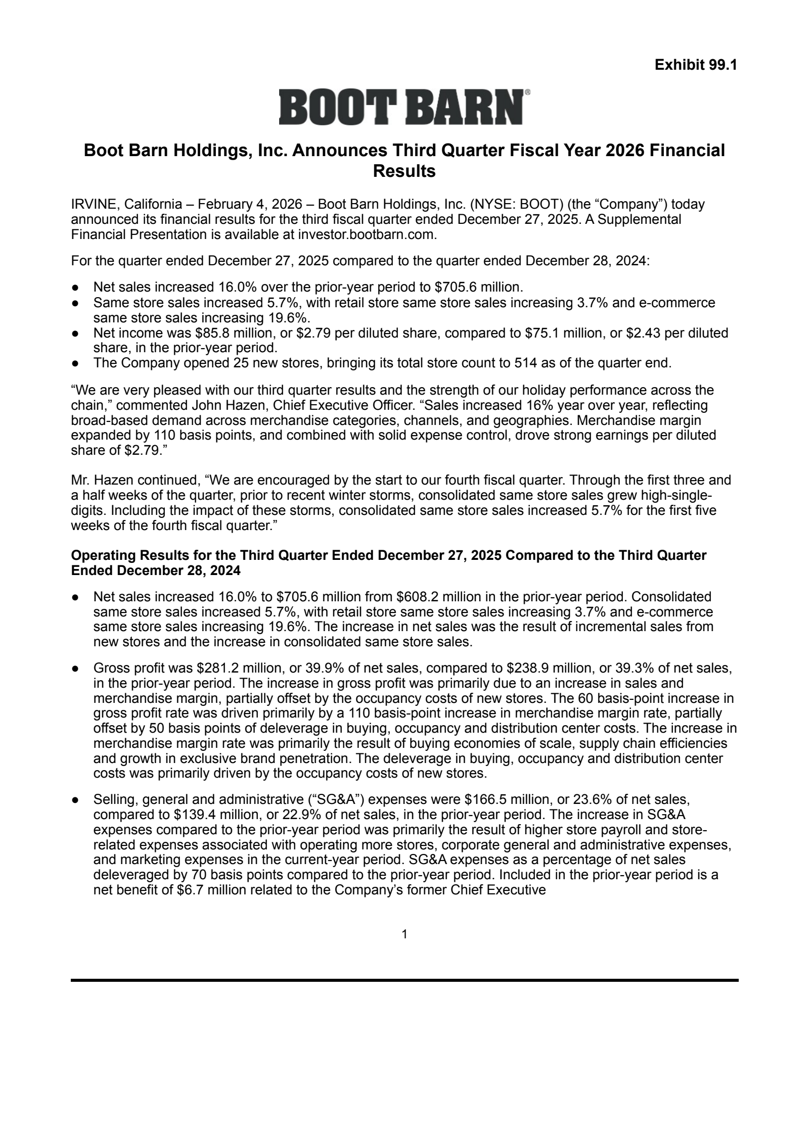 BOOT Q3 2026 Earnings Report on 2/4/2026