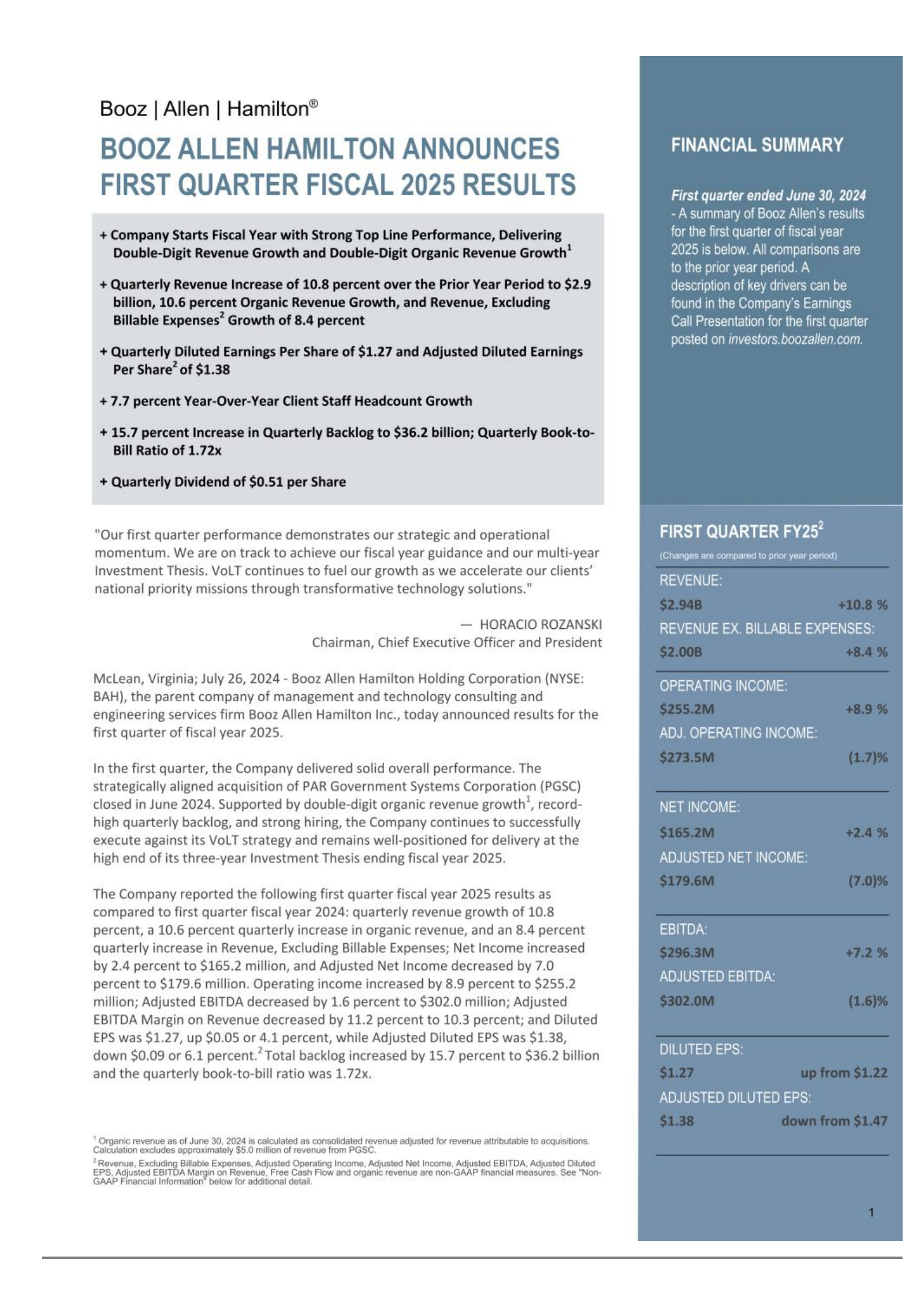 BAH Q1 2025 Earnings Report on 7/26/2024