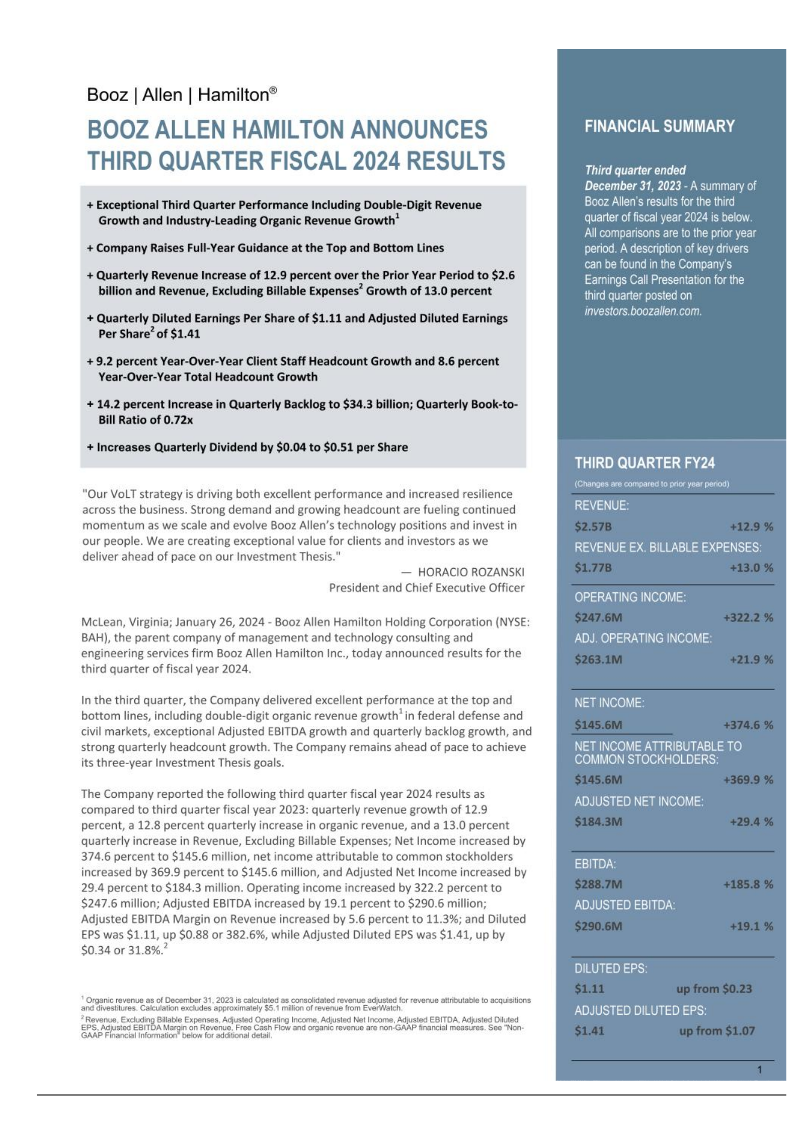 BAH Q3 2024 Earnings Report on 1/26/2024