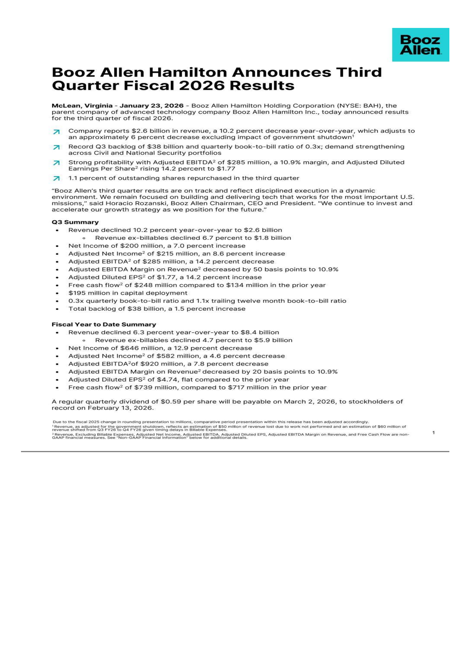 Booz Allen Hamilton's Q3 2026 Press Release