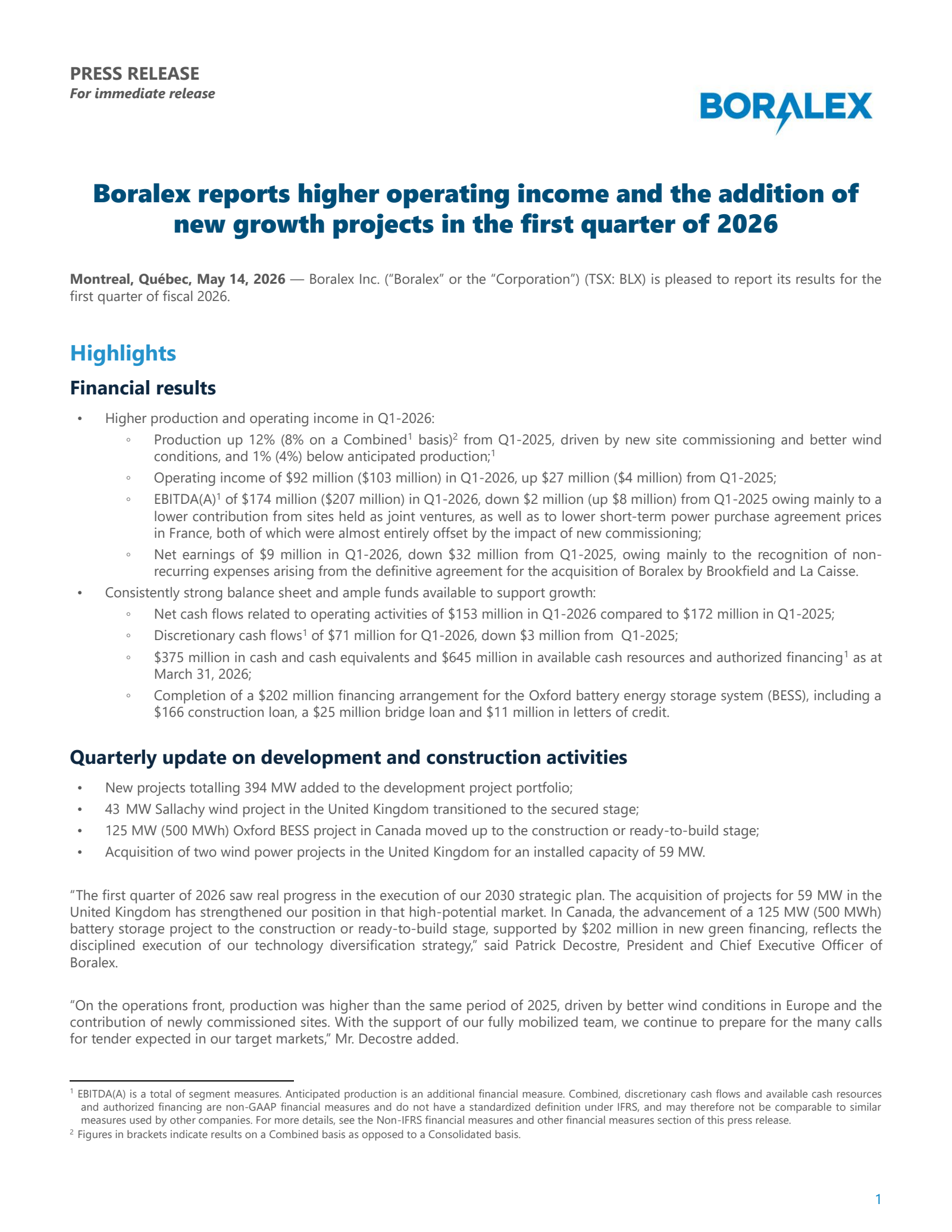 Boralex's Q1 2026 Press Release