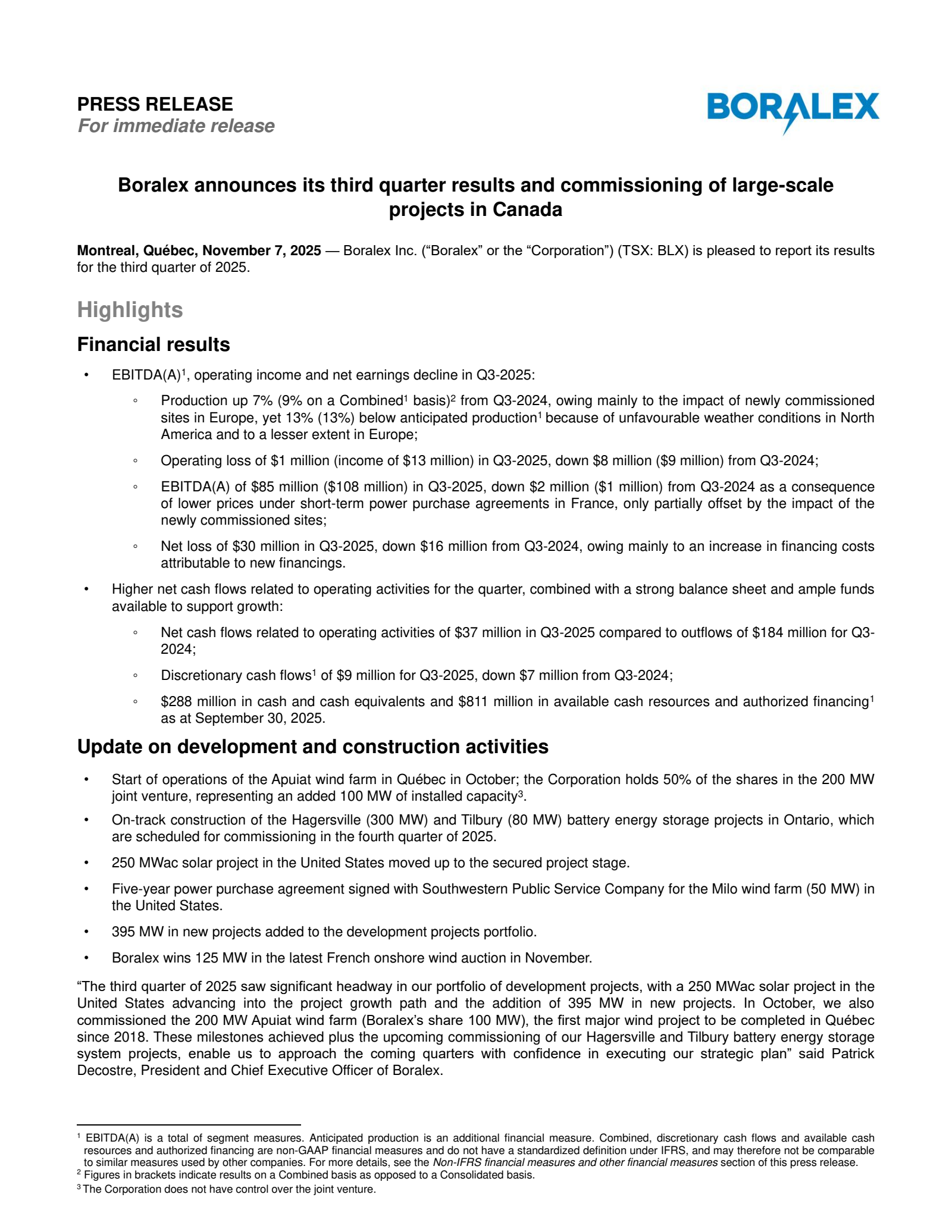Boralex's Q3 2025 Earnings Release