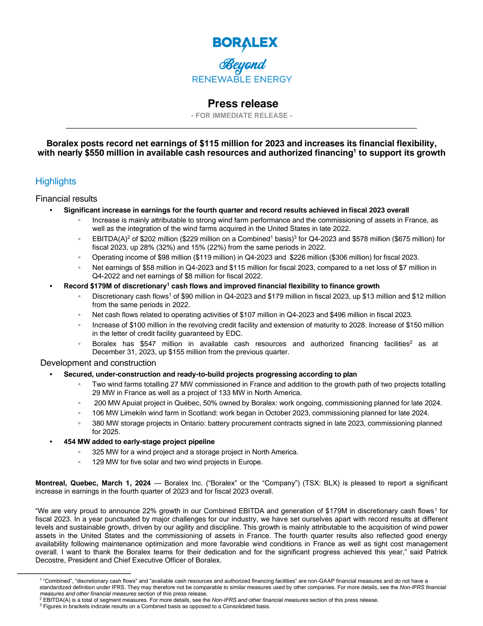 Boralex's Q4 2023 Press Release