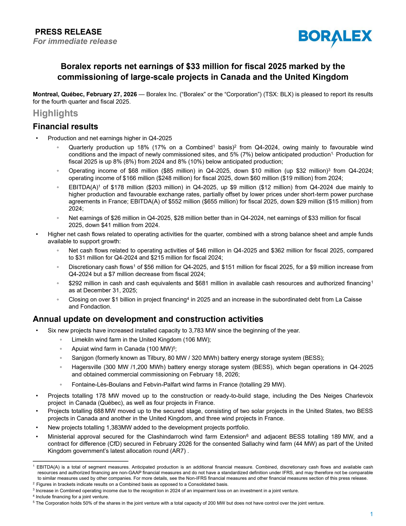 Boralex's Q4 2025 Press Release