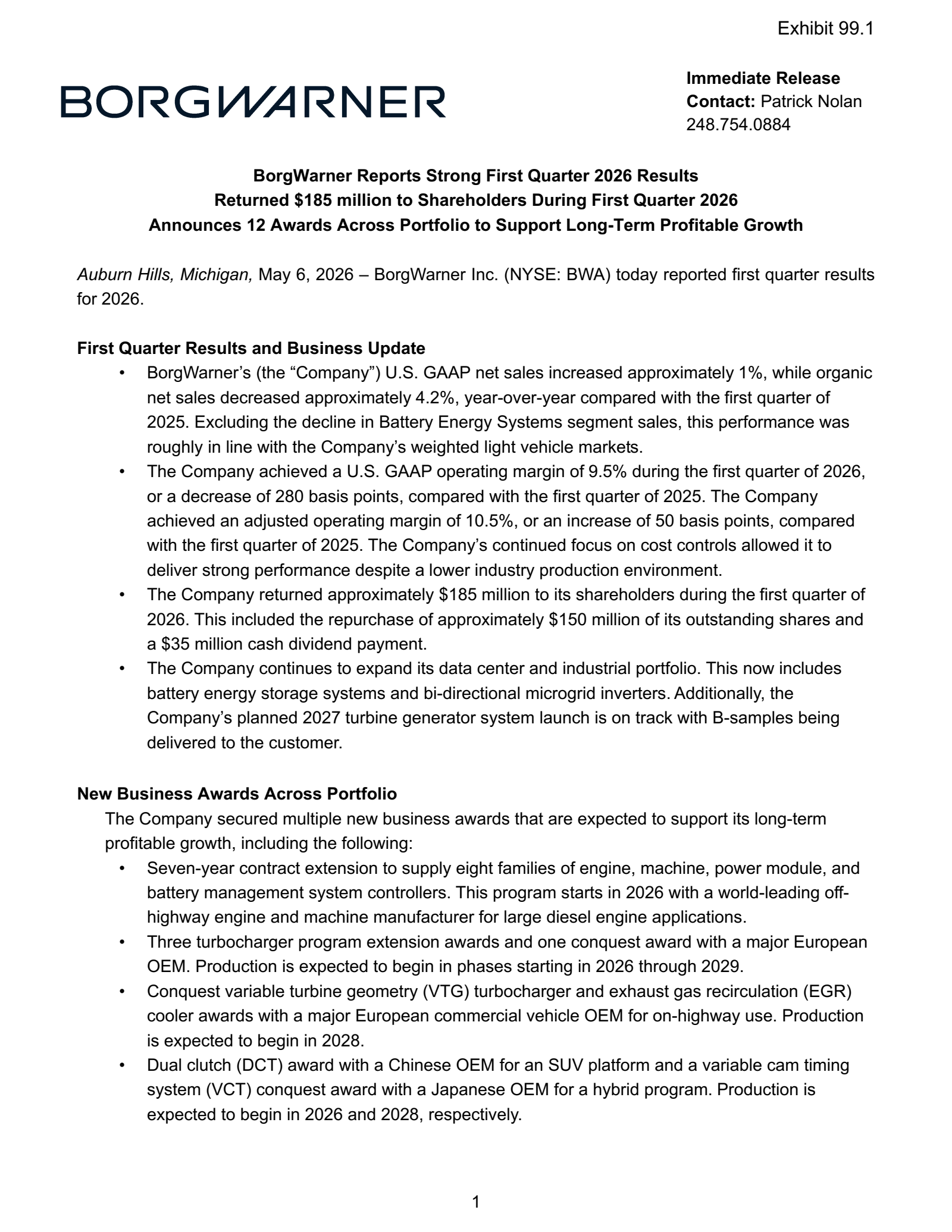 BorgWarner's Q1 2026 Press Release