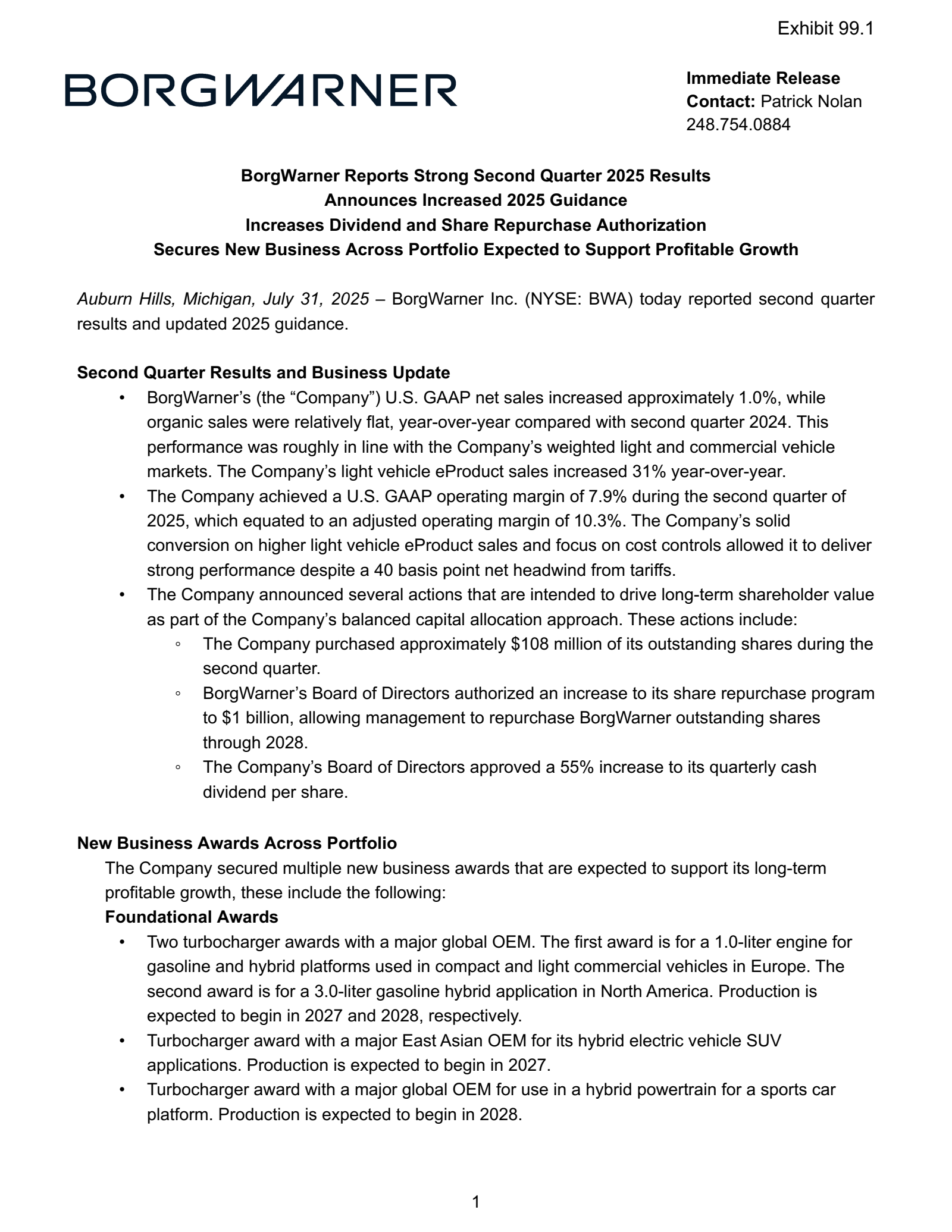 BorgWarner's Q2 2025 Press Release