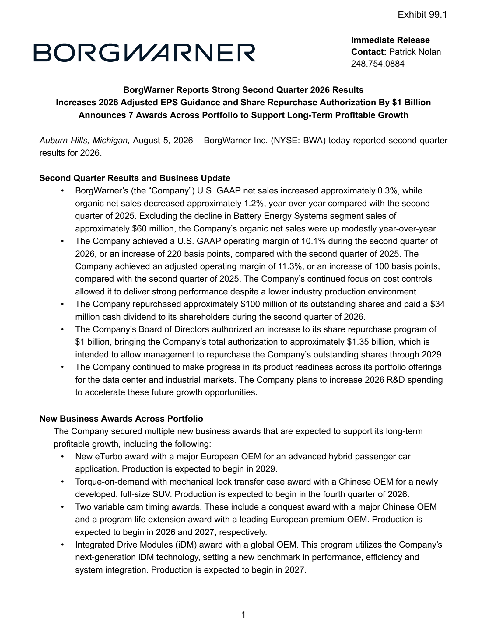 BorgWarner's Q2 2026 Press Release