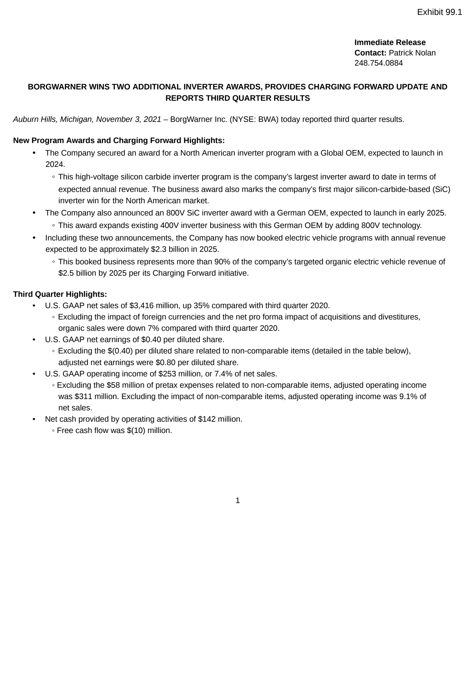 BorgWarner's Q3 2021 Earnings Release