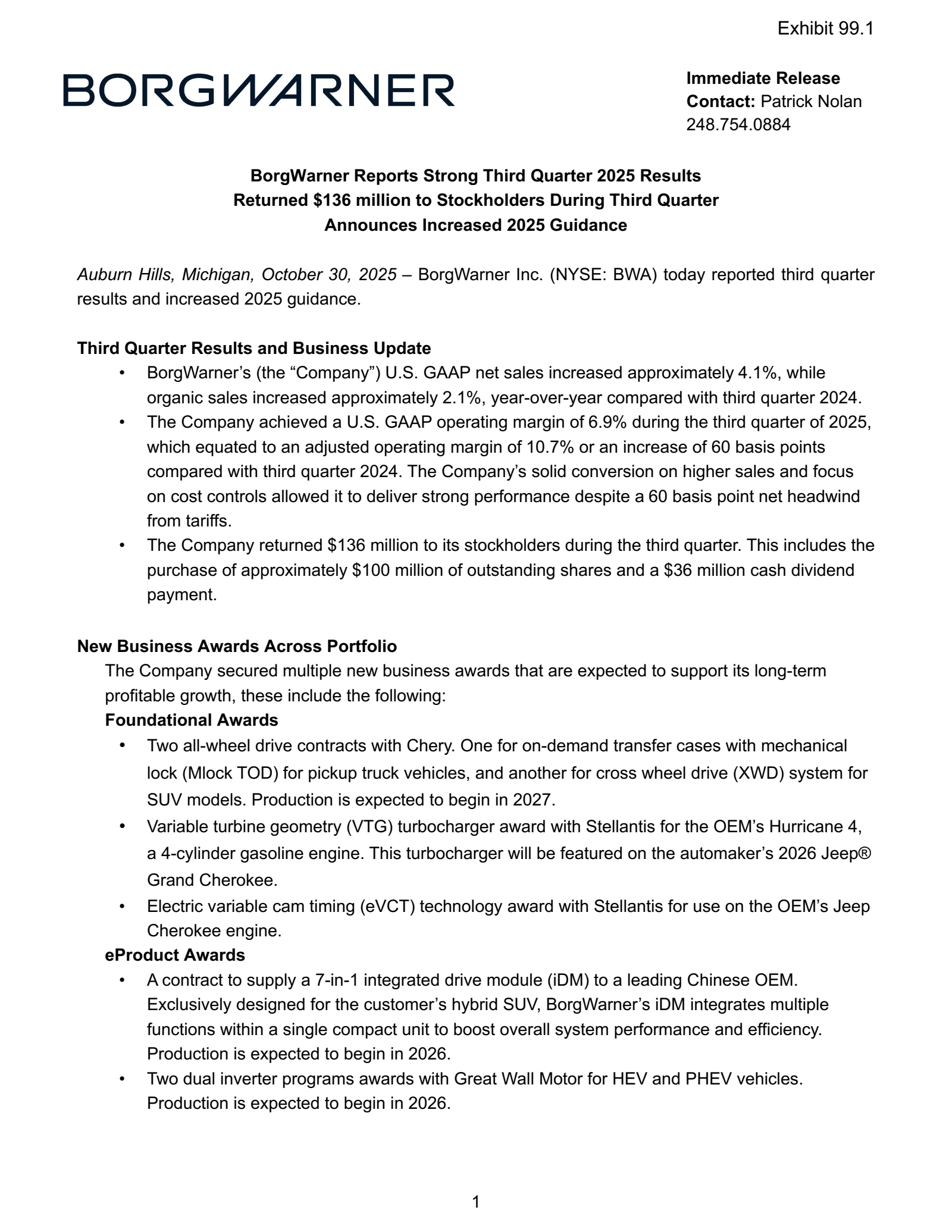 BorgWarner's Q3 2025 Earnings Release