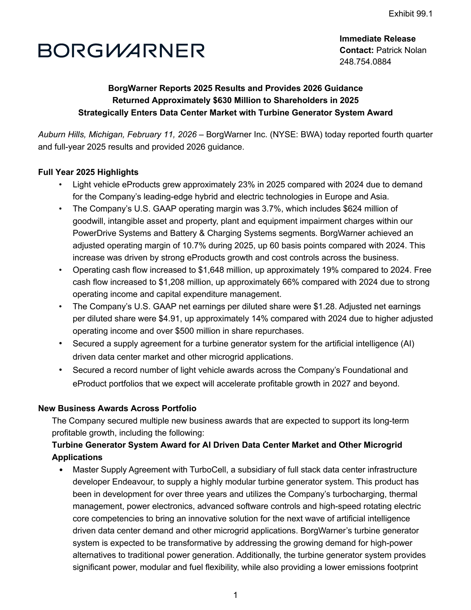 BorgWarner's Q4 2025 Press Release