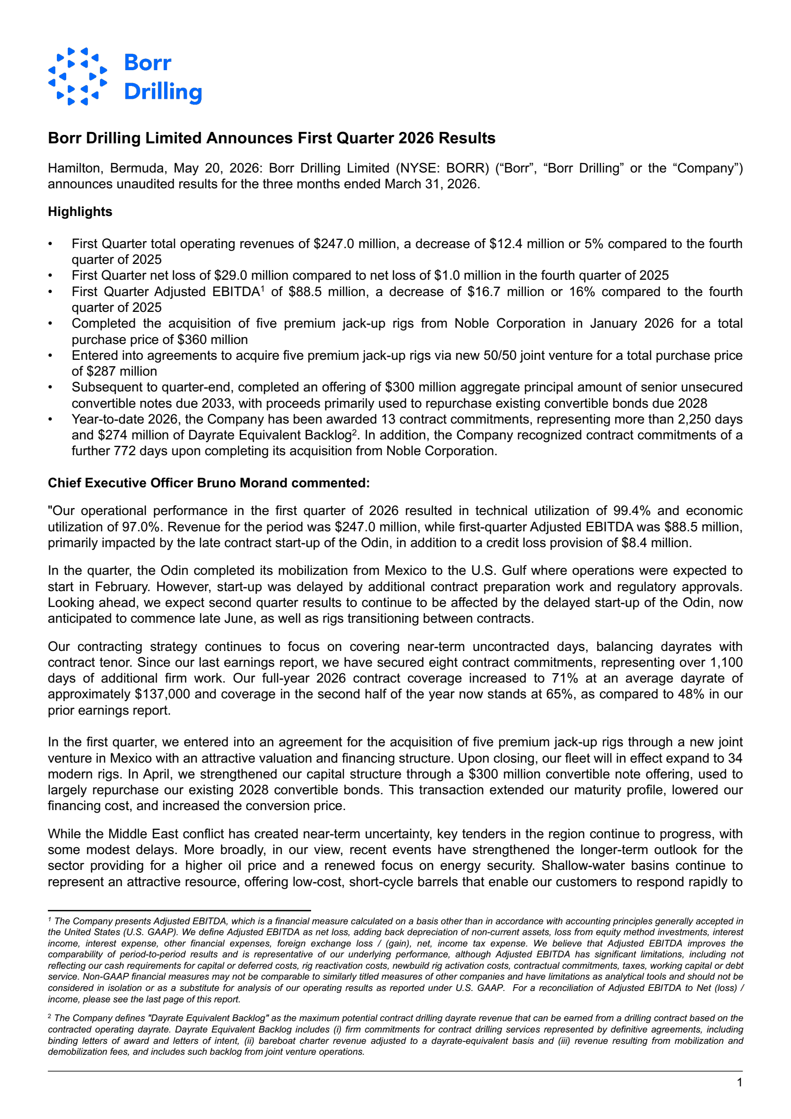 Borr Drilling's Q1 2026 Press Release