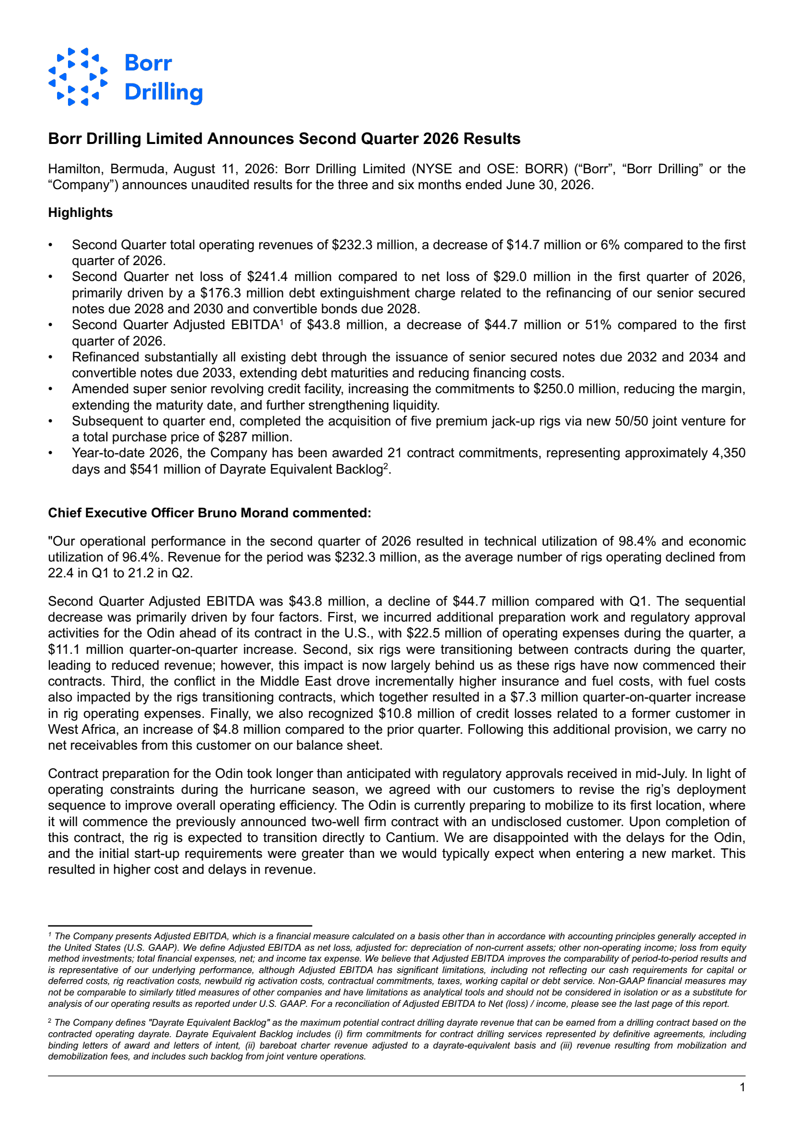 Borr Drilling's Q2 2026 Press Release