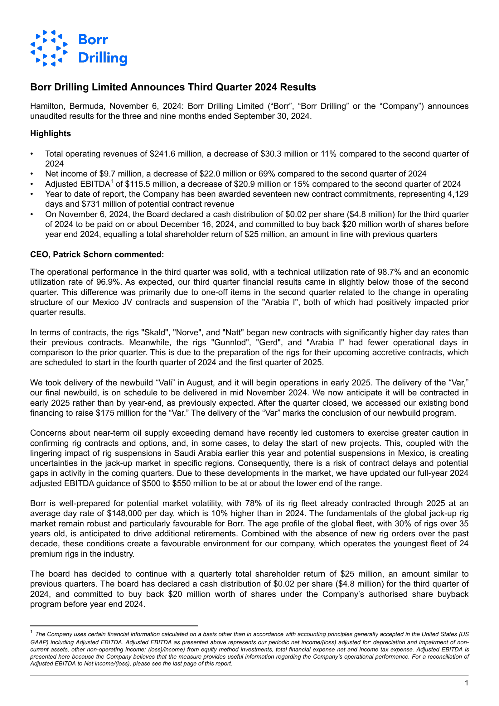 Borr Drilling's Q3 2024 Earnings Release