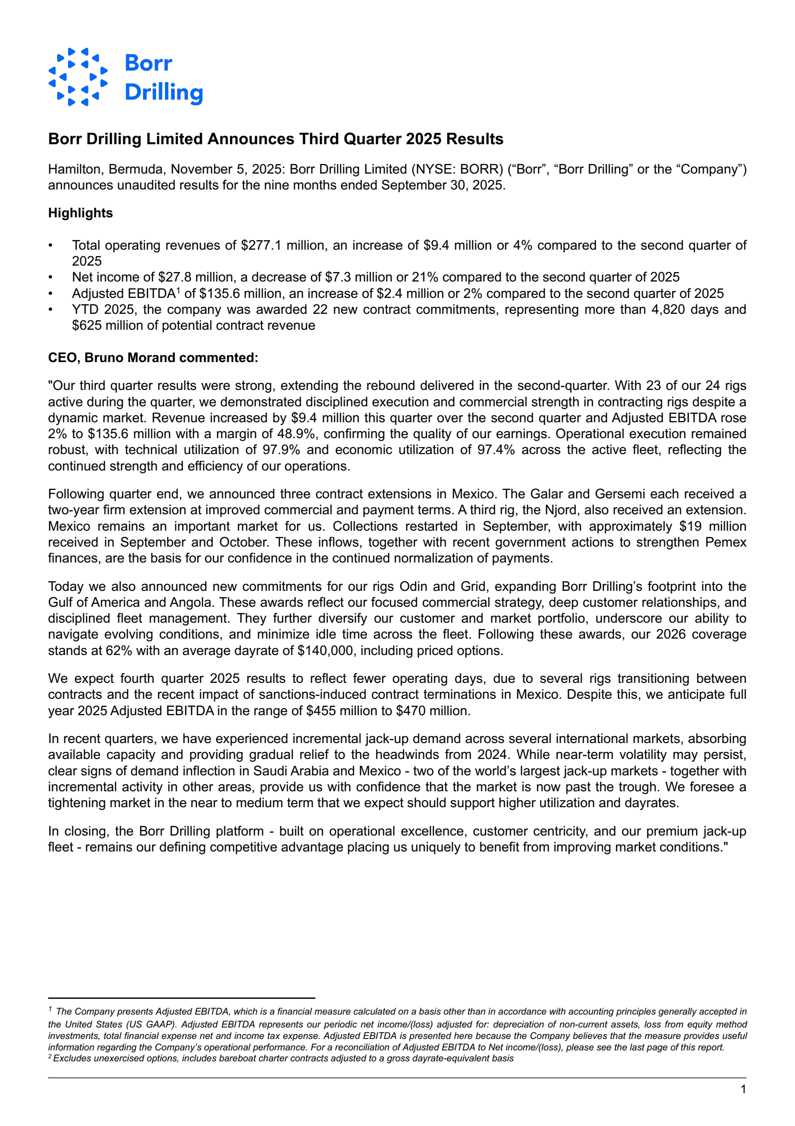 Borr Drilling's Q3 2025 Earnings Release