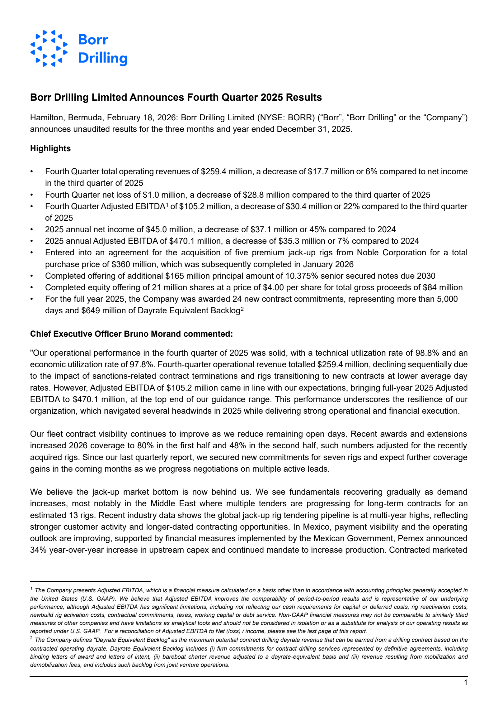Borr Drilling's Q4 2025 Press Release