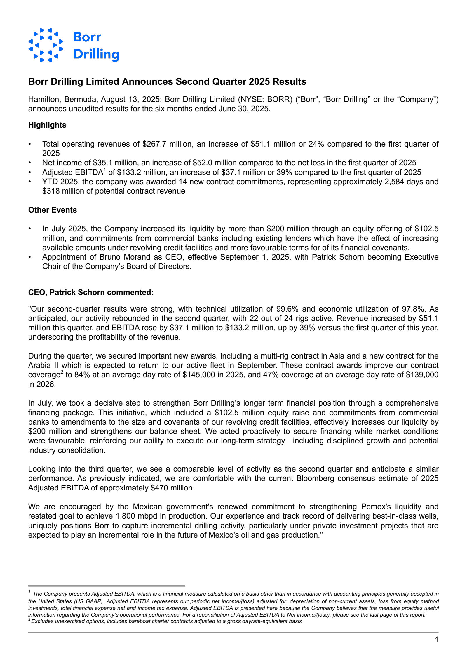 Borr Drilling's Q2 2025 Press Release
