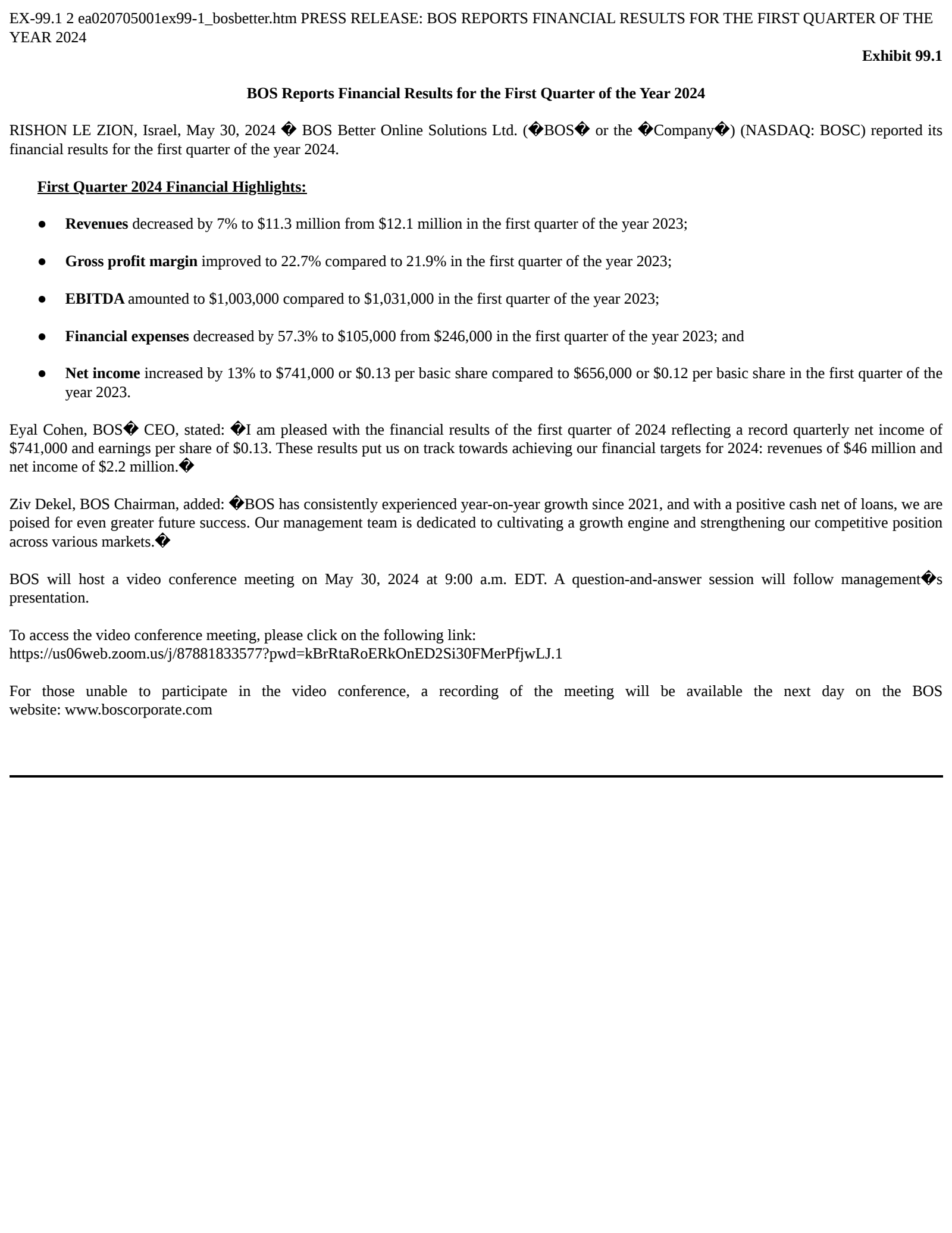 B.O.S. Better Online Solutions' Q1 2024 Press Release