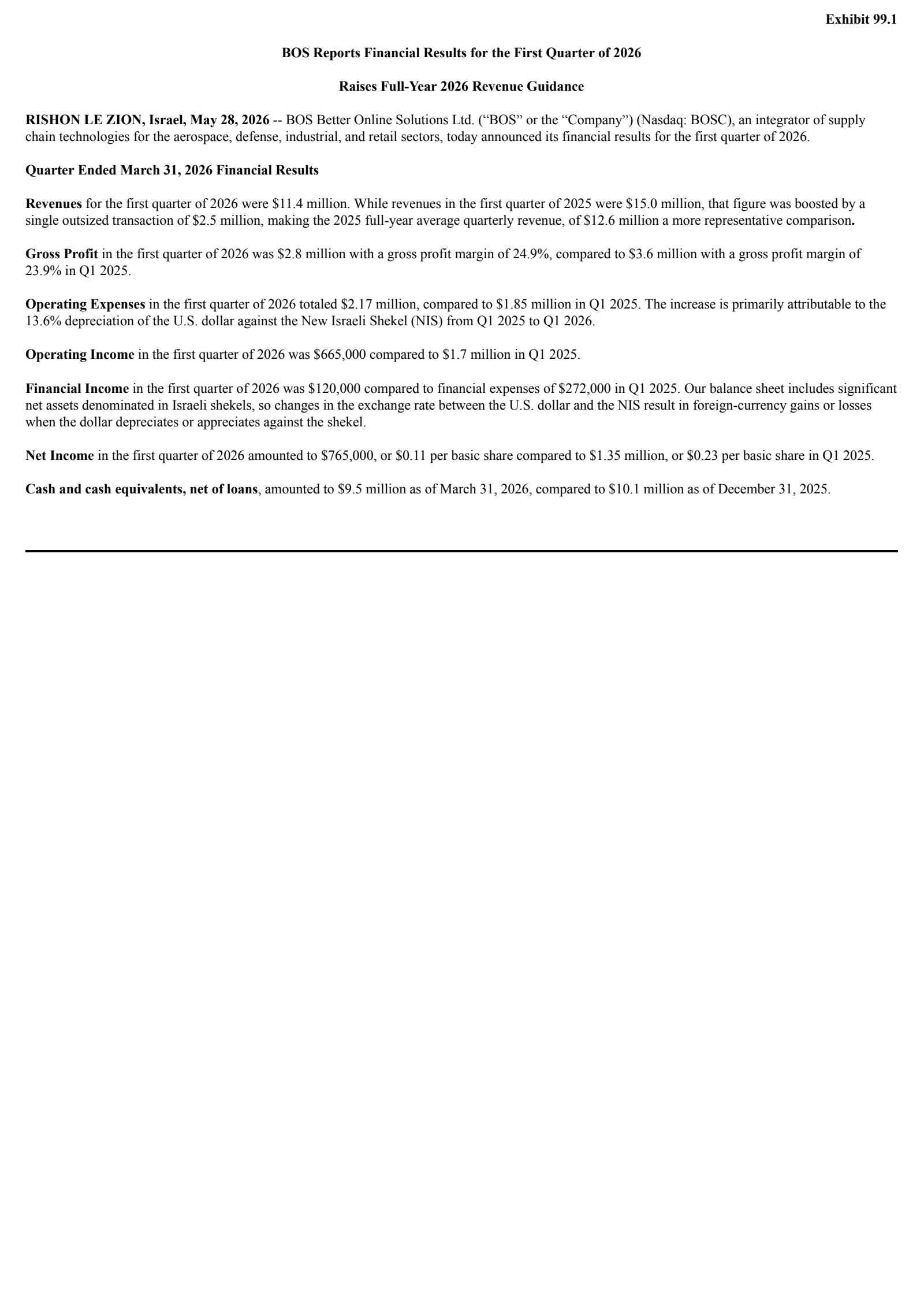 B.O.S. Better Online Solutions' Q1 2026 Press Release