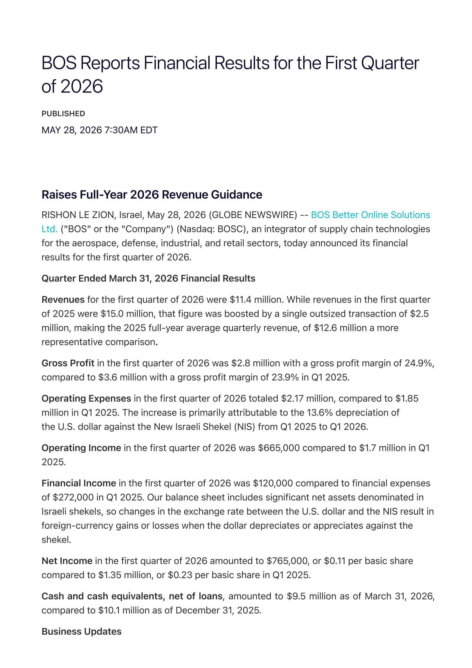B.O.S. Better Online Solutions' Q1 2026 Press Release