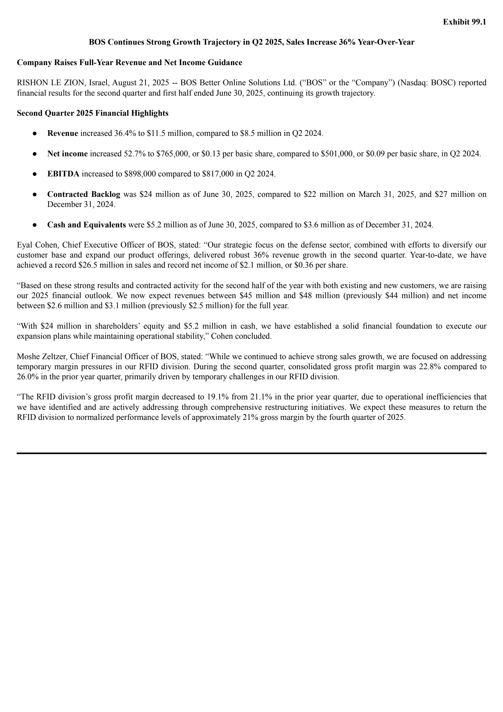 B.O.S. Better Online Solutions' Q2 2025 Press Release