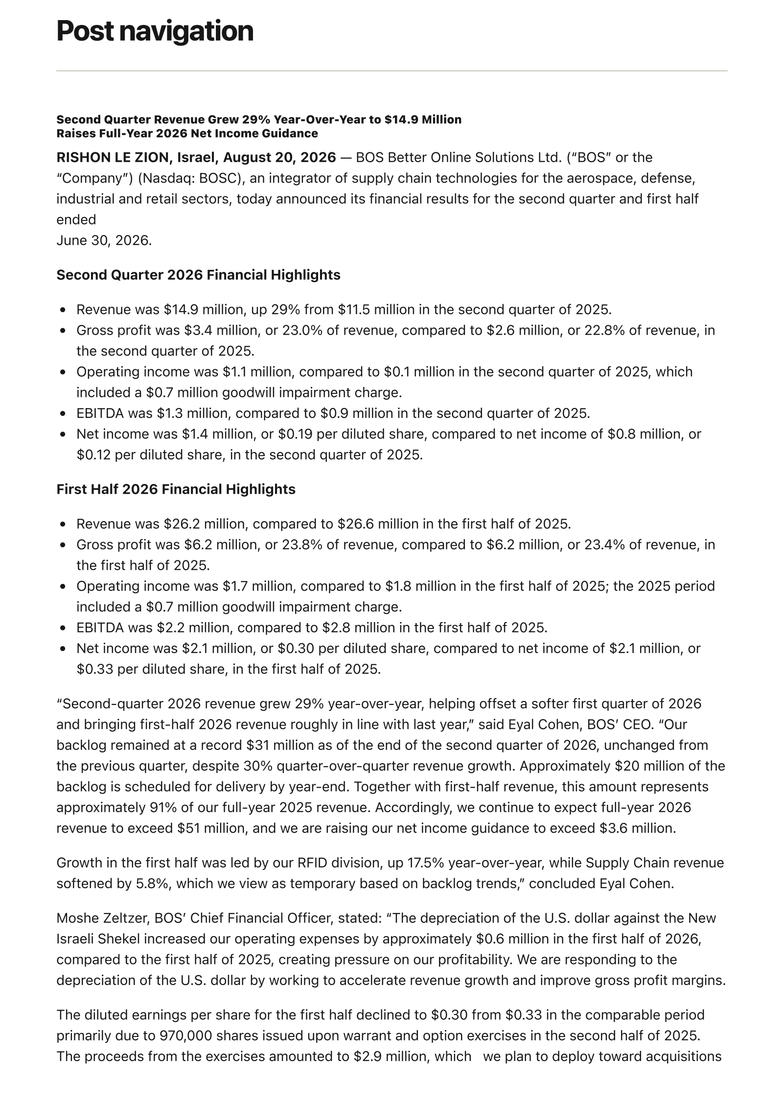 B.O.S. Better Online Solutions' Q2 2026 Press Release