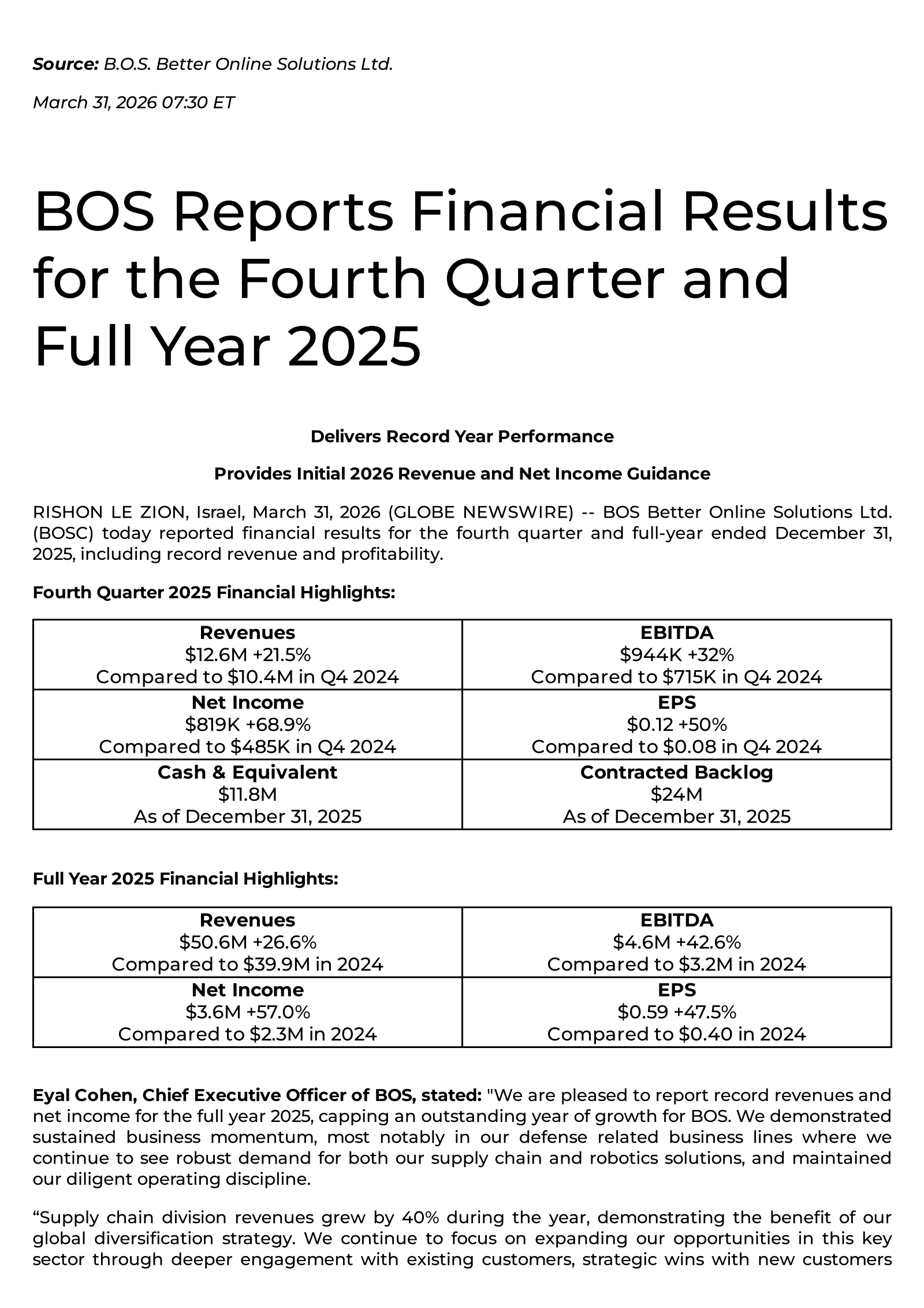 B.O.S. Better Online Solutions' Q4 2025 Press Release
