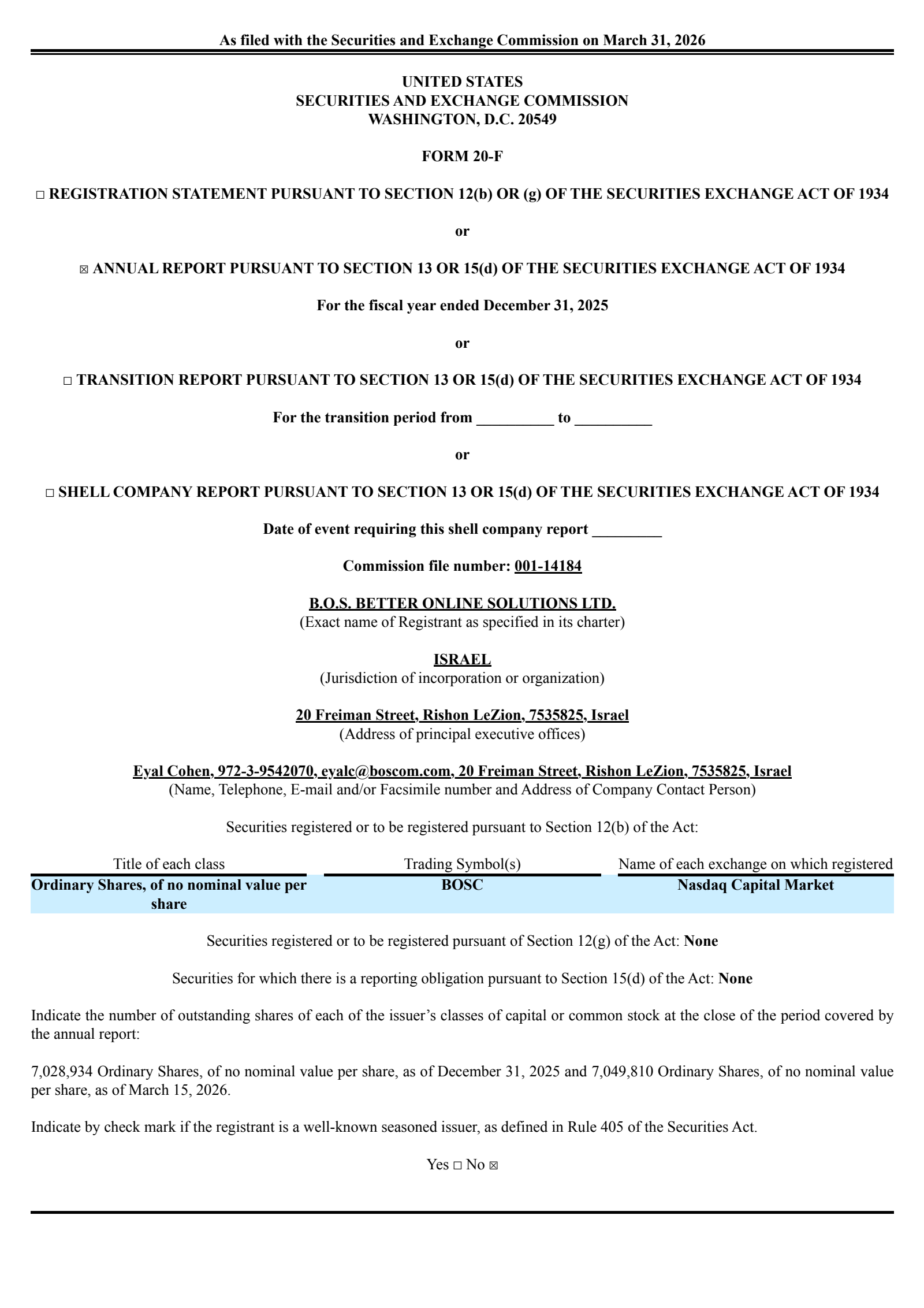 B.O.S. Better Online Solutions' Q4 2025 Annual report
