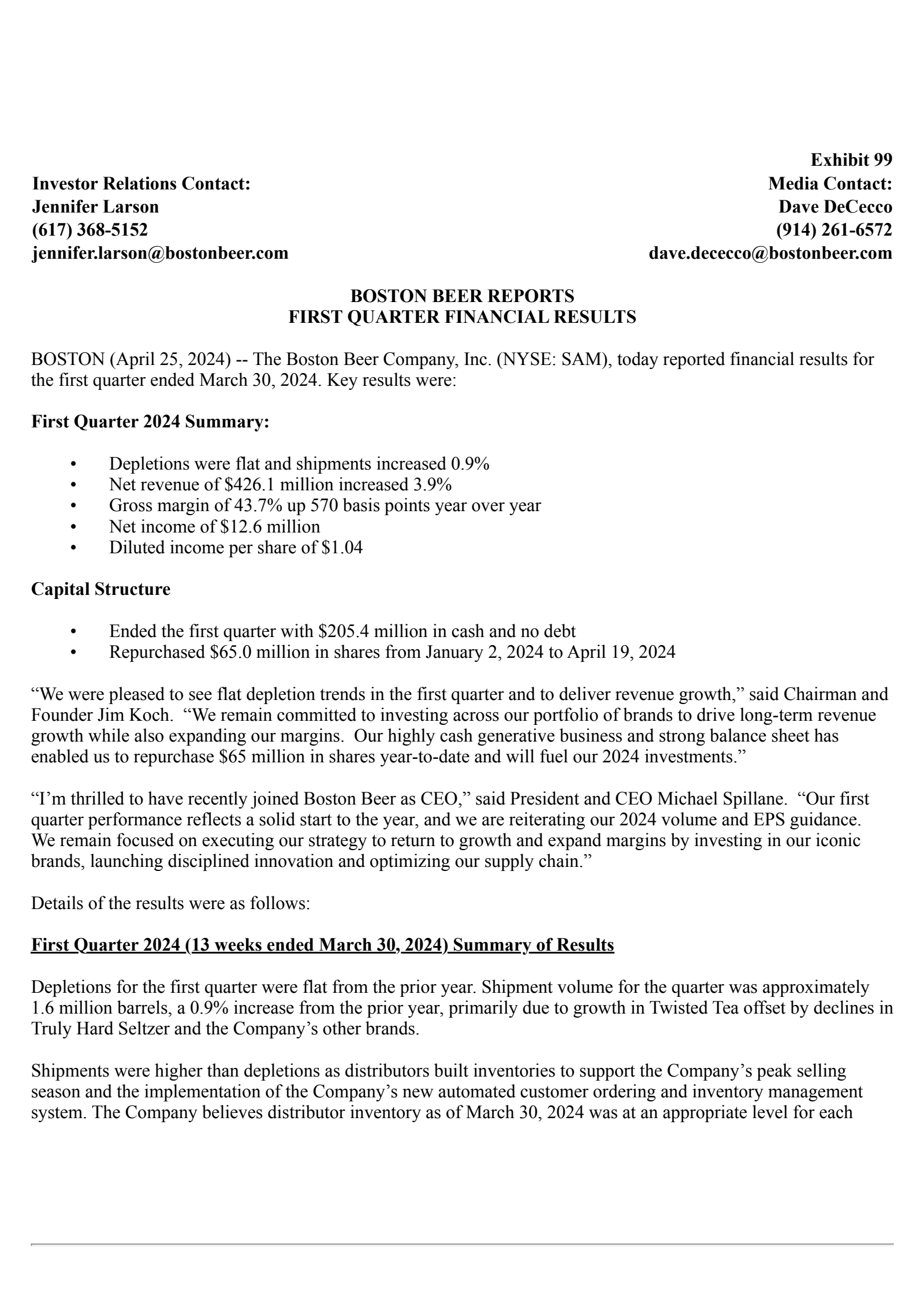 Boston Beer's Q1 2024 Press Release
