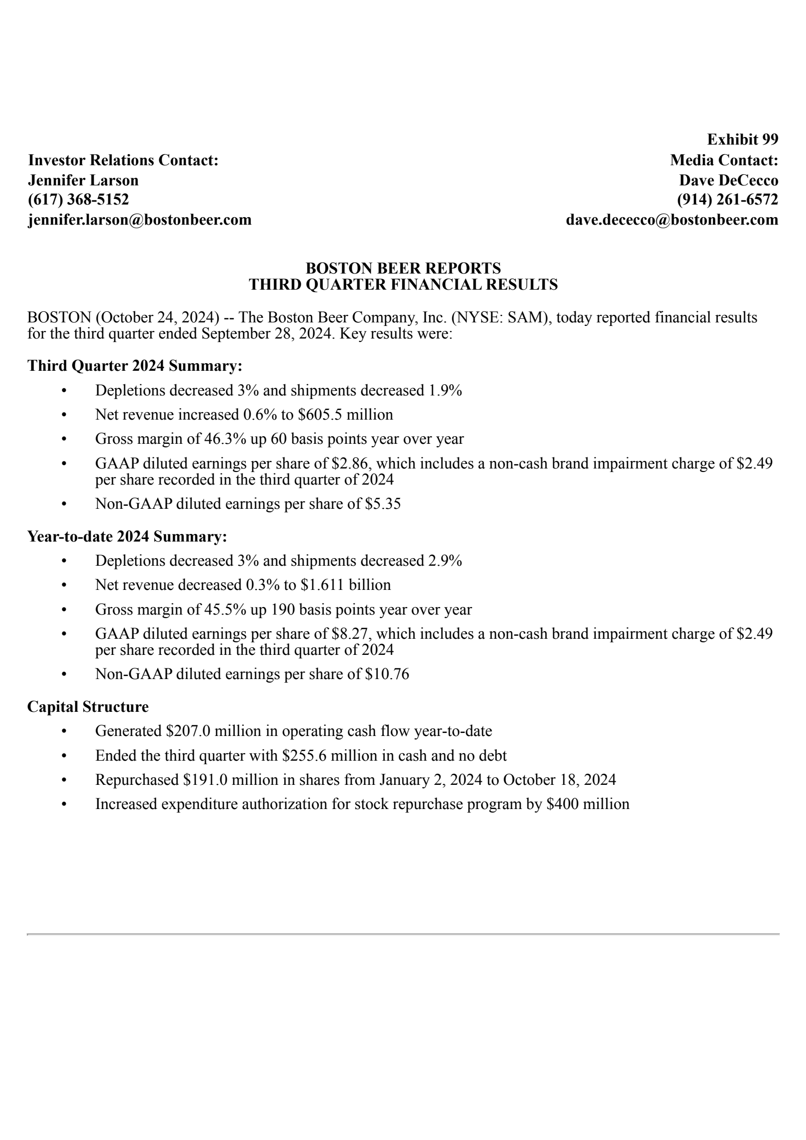 Boston Beer's Q3 2024 Press Release