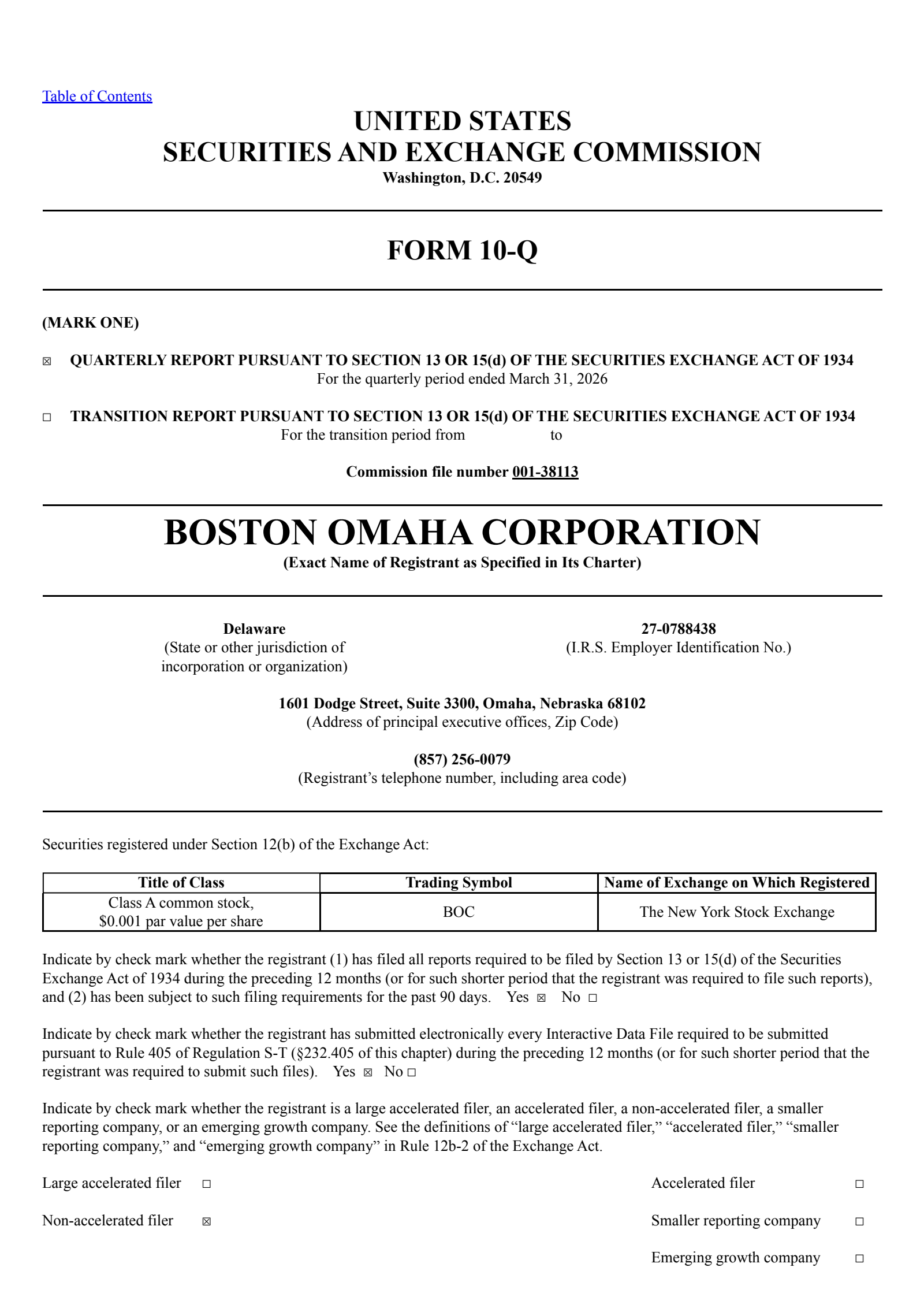 Boston Omaha's Q1 2026 Quarterly report