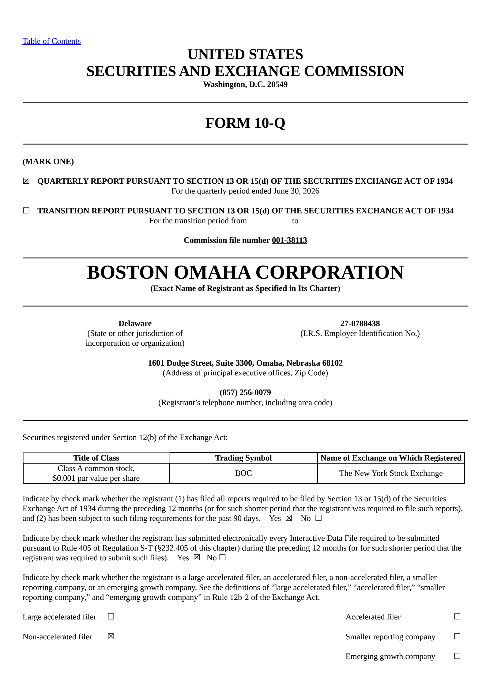 Boston Omaha's Q2 2026 Quarterly report