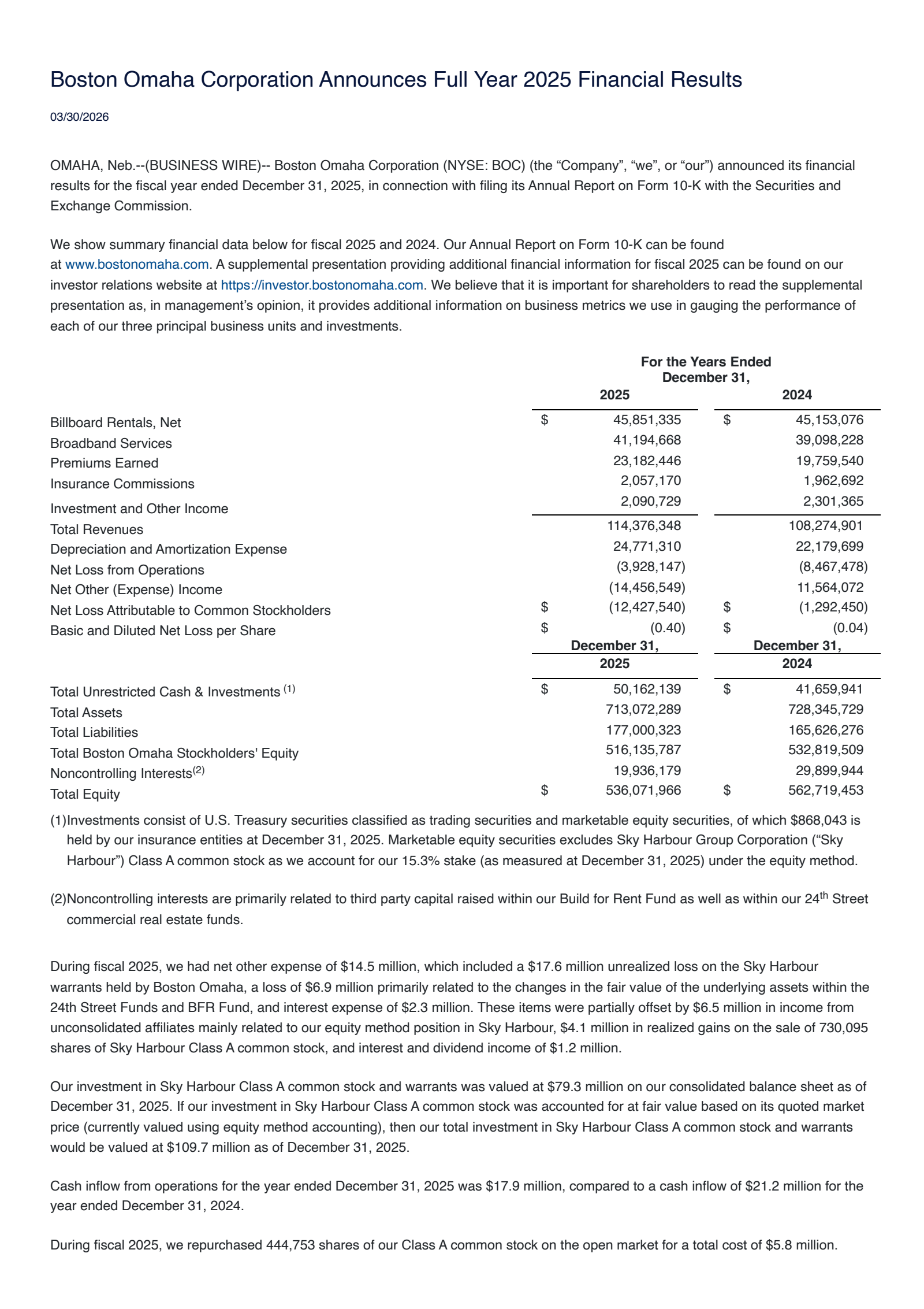 Boston Omaha's Q4 2025 Press Release