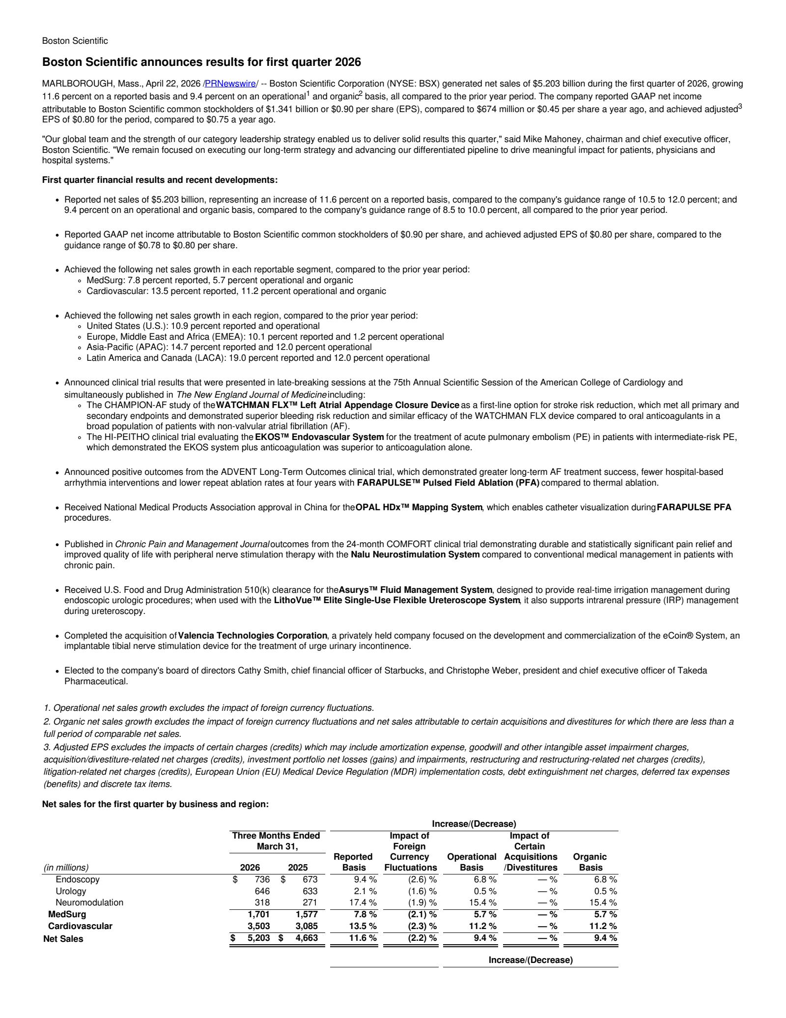 Boston Scientific's Q1 2026 Press Release