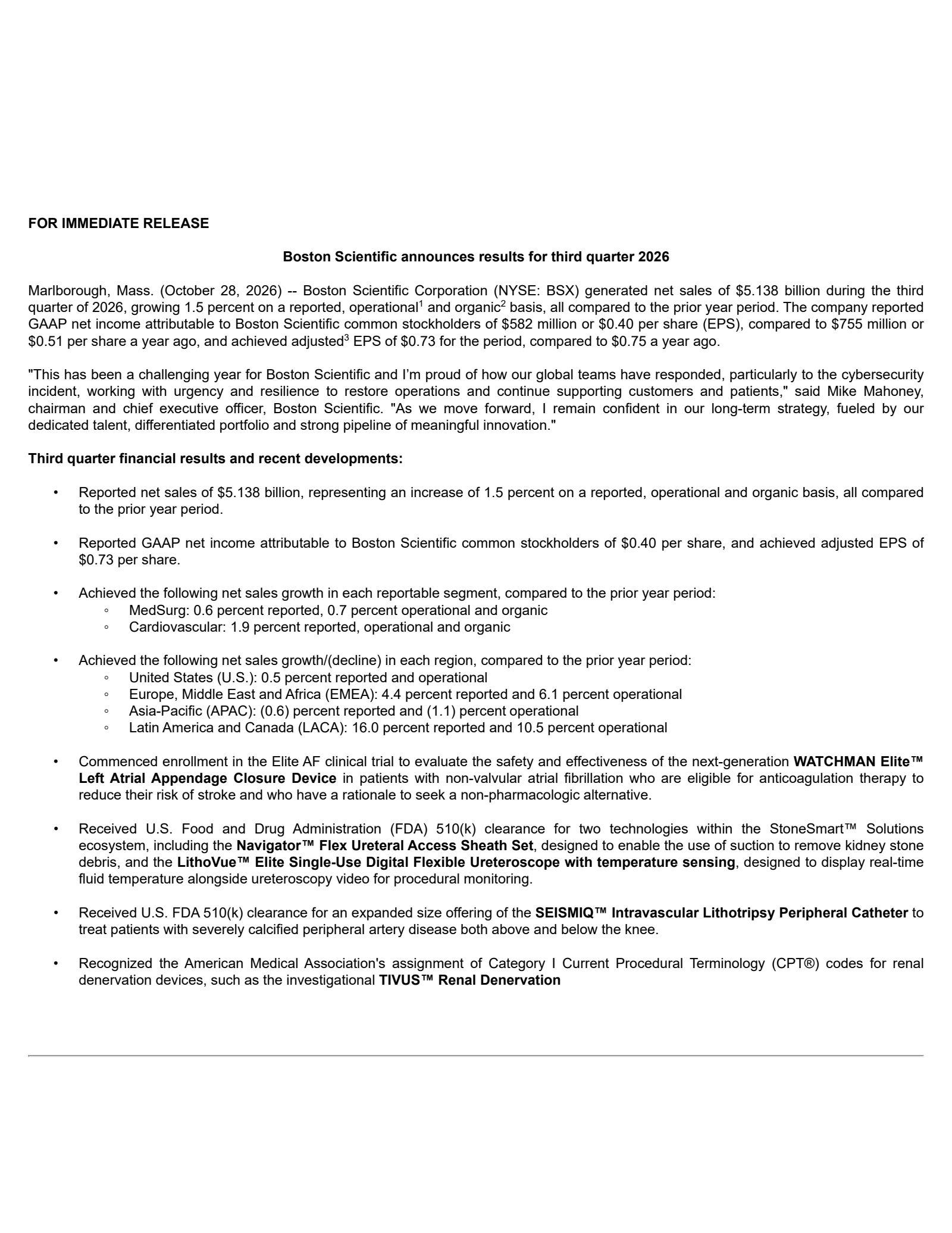 Boston Scientific's Q3 2026 Press Release