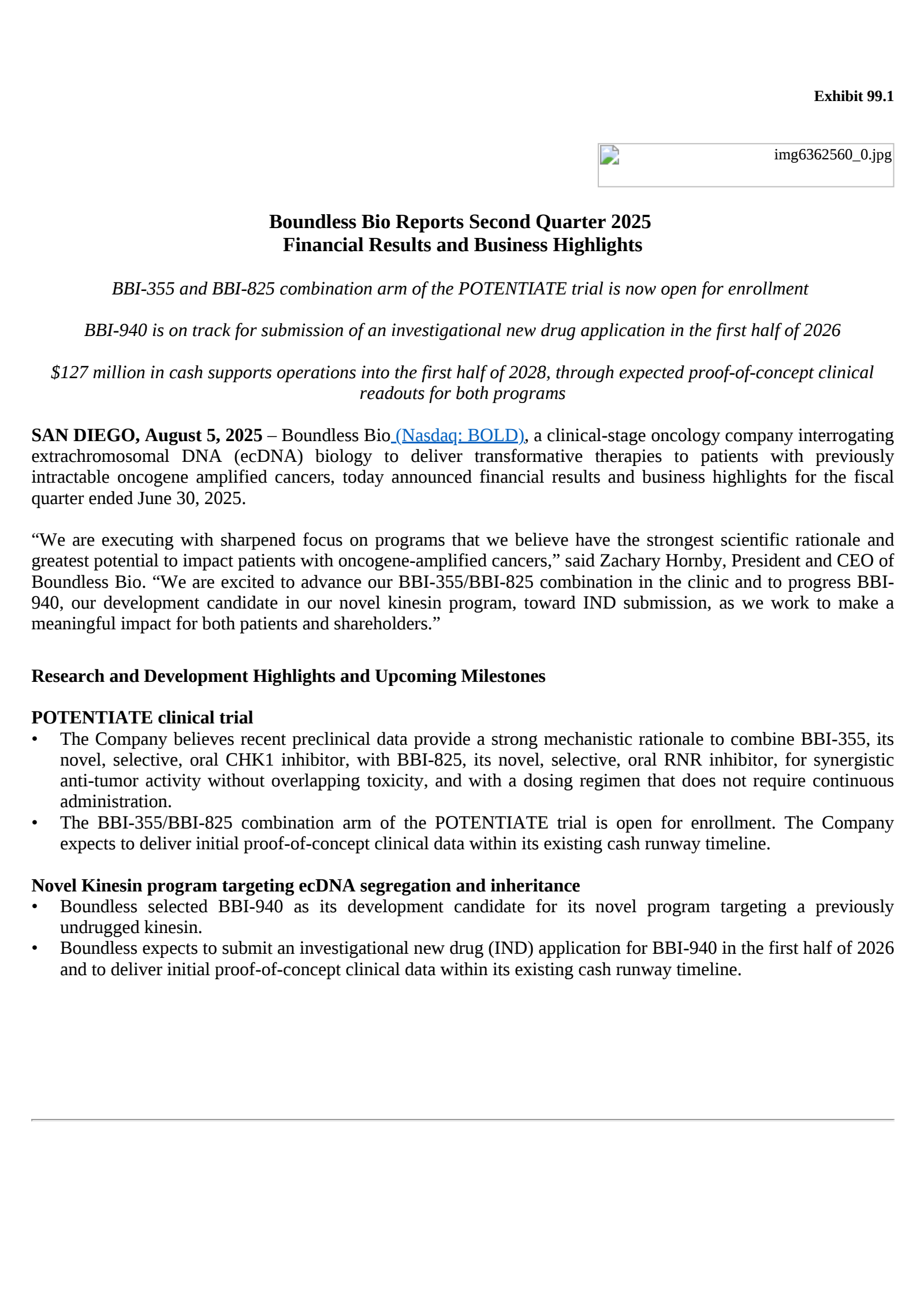 Boundless Bio's Q2 2025 Press Release