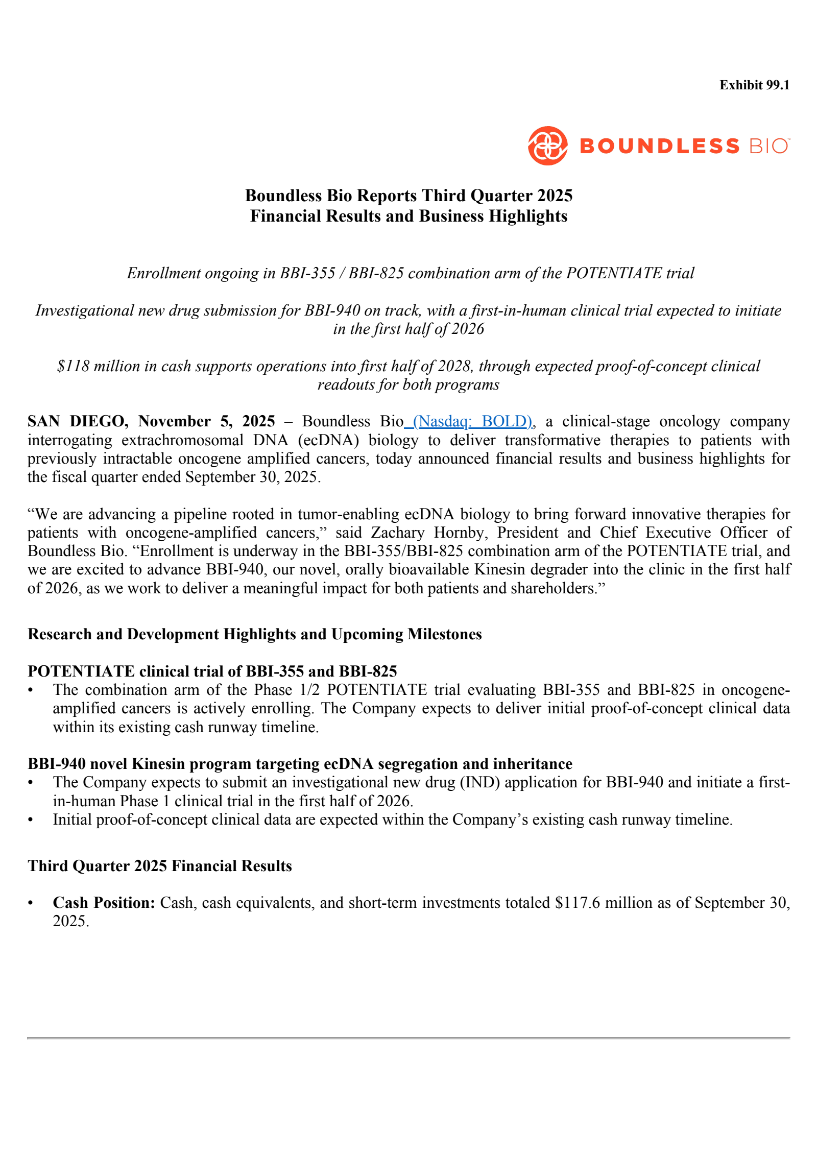 Boundless Bio's Q3 2025 Earnings Release