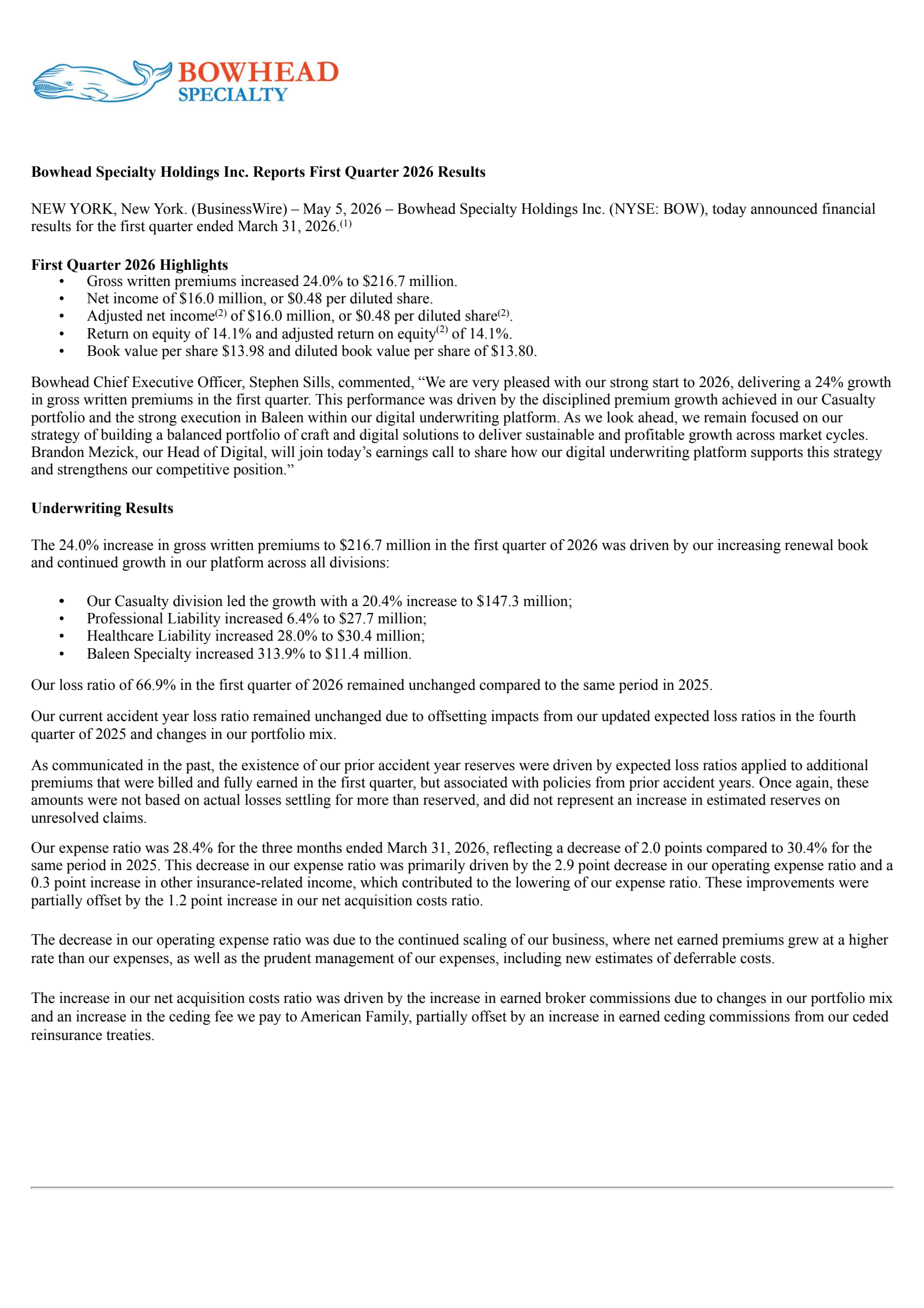 Bowhead Specialty's Q1 2026 Press Release