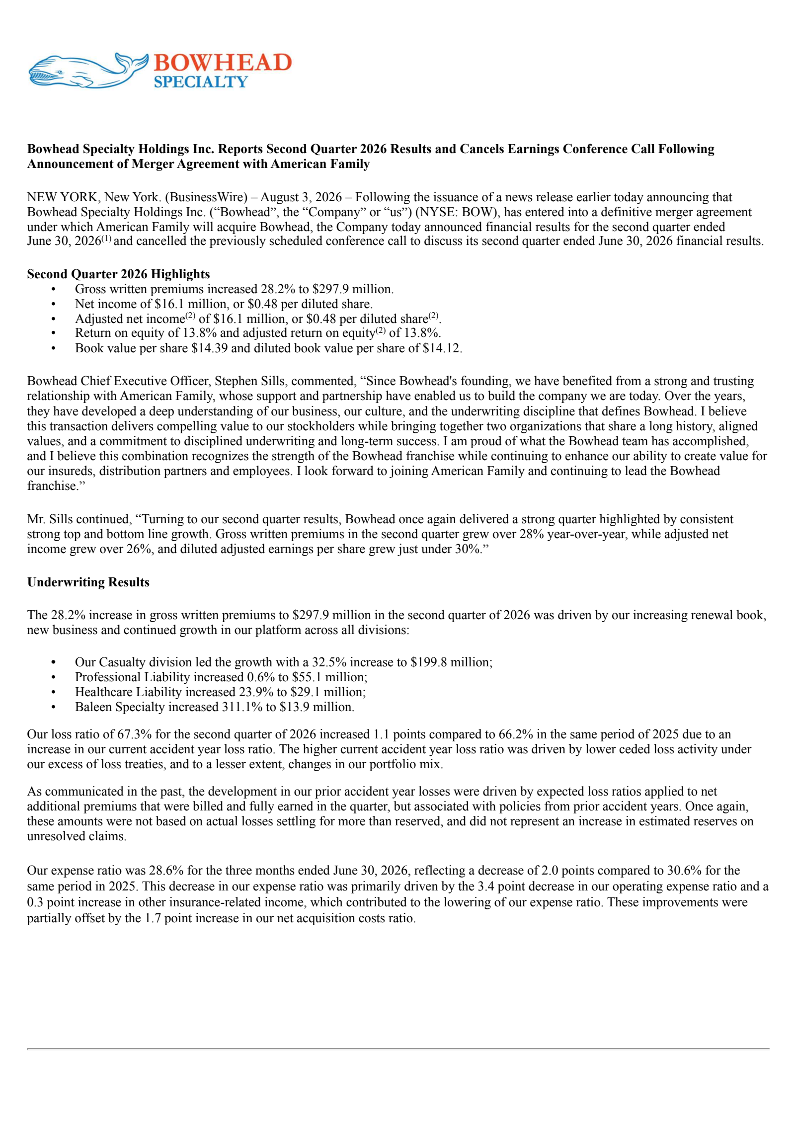 Bowhead Specialty's Q2 2026 Press Release