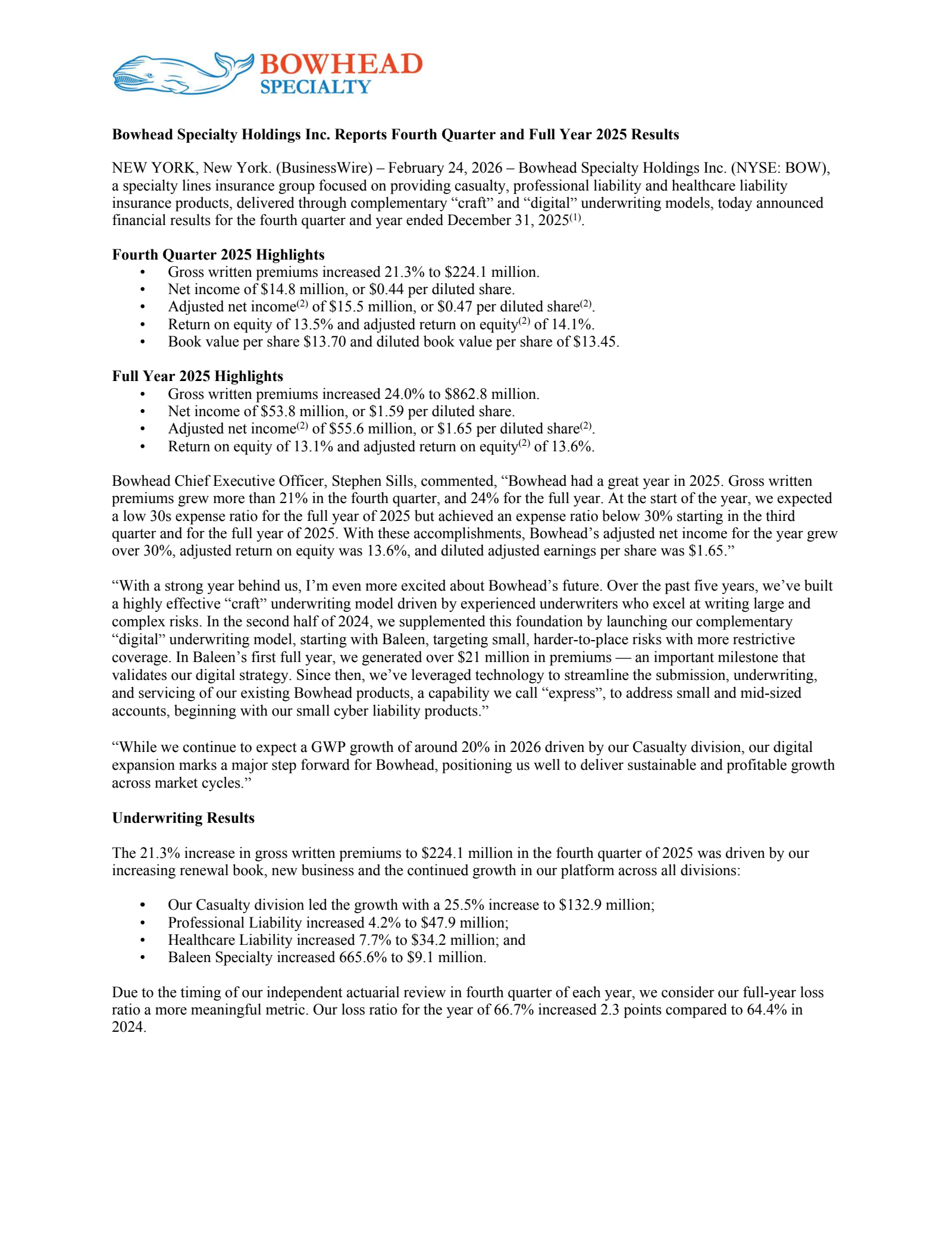 Bowhead Specialty's Q4 2025 Press Release