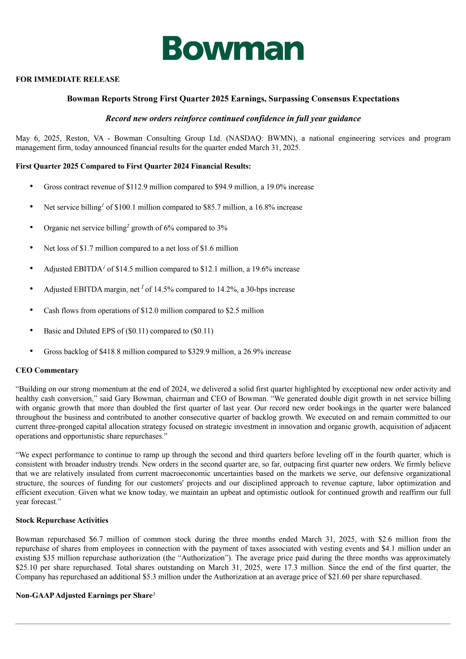Bowman Consulting Group's Q1 2025 Press Release