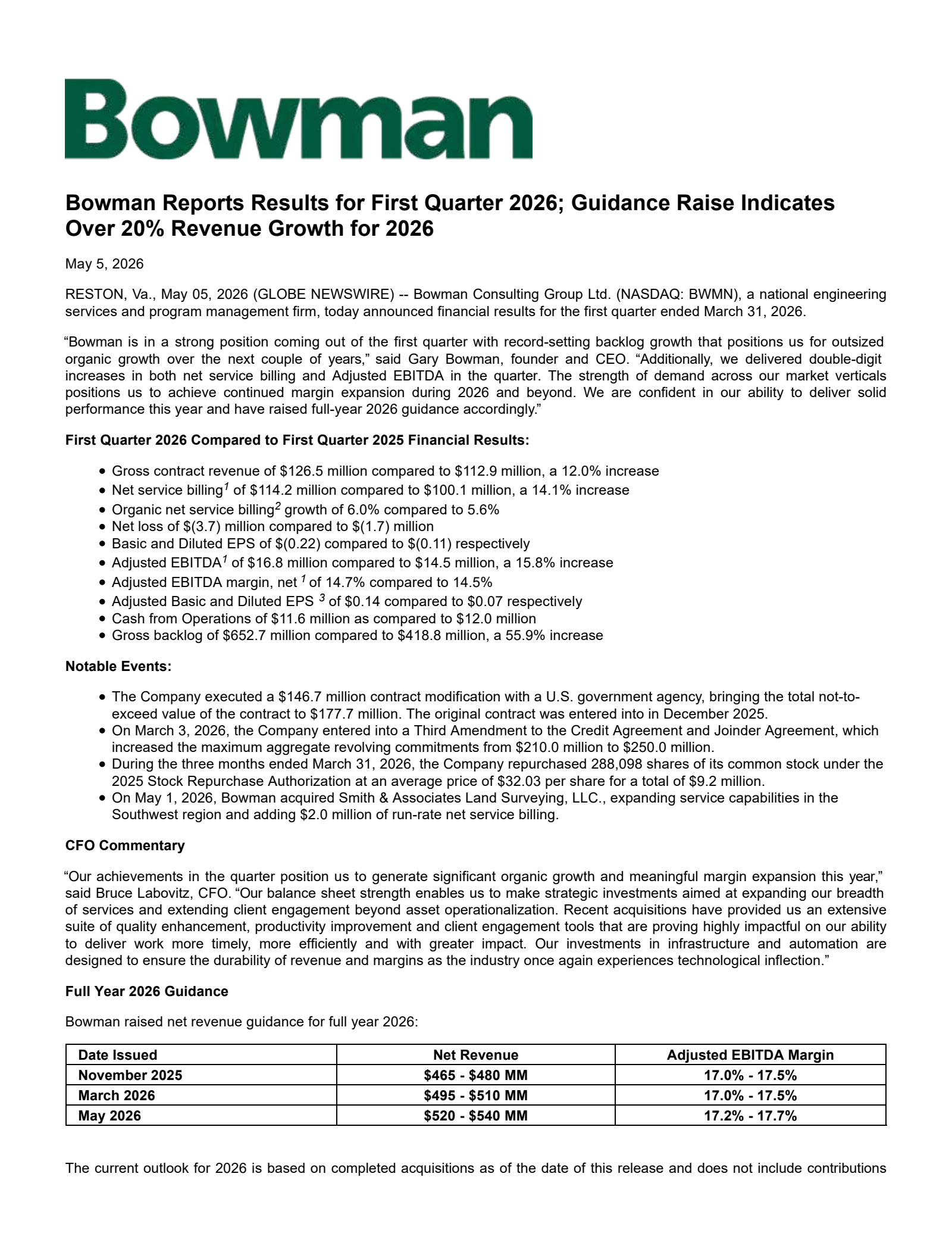 Bowman Consulting Group's Q1 2026 Press Release