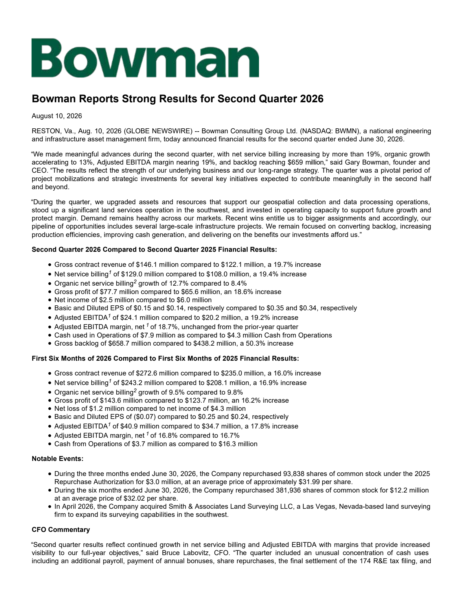 Bowman Consulting Group's Q2 2026 Press Release