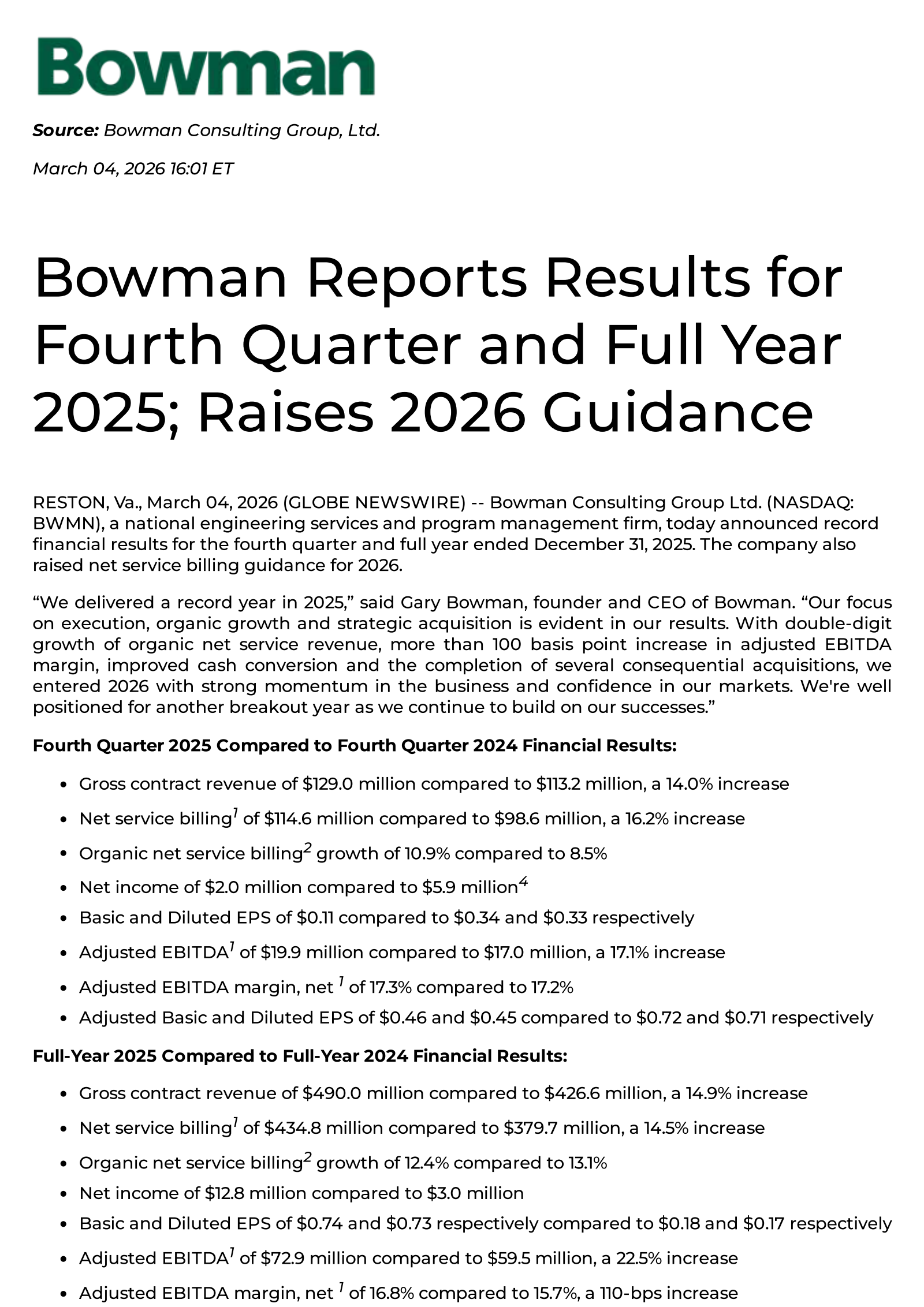 Bowman Consulting Group's Q4 2025 Press Release