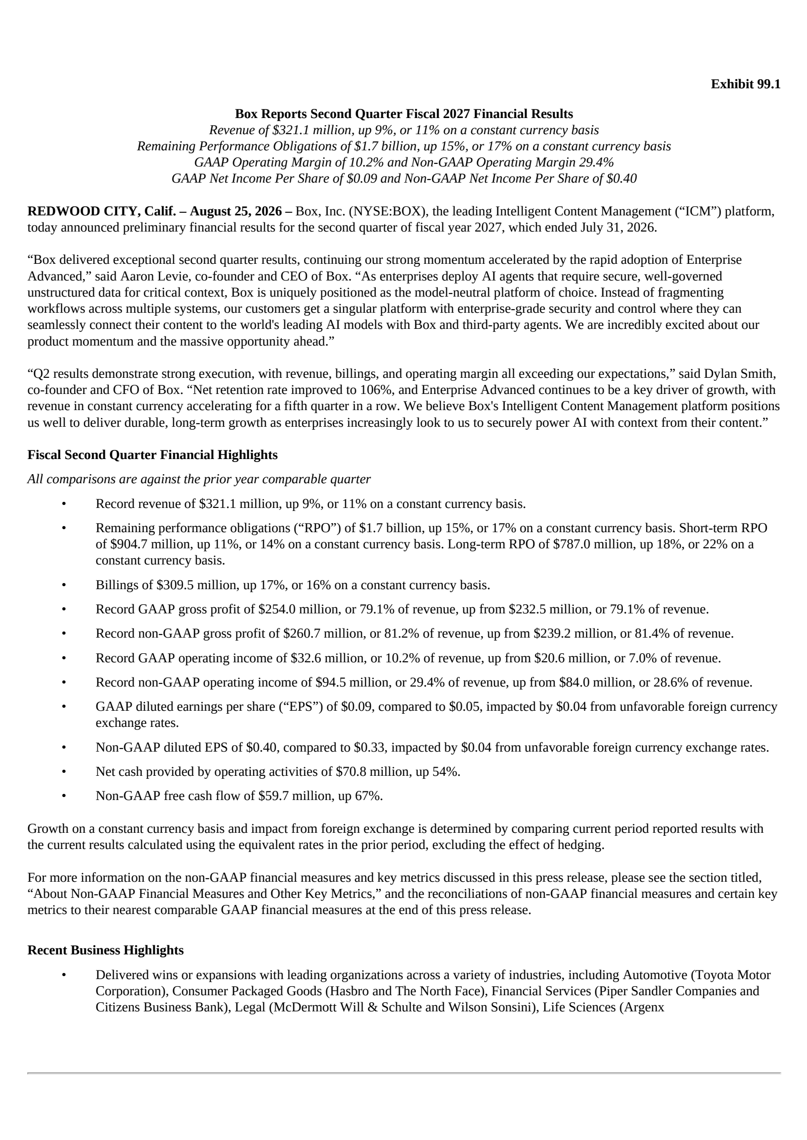 BOX's Q2 2027 Press Release
