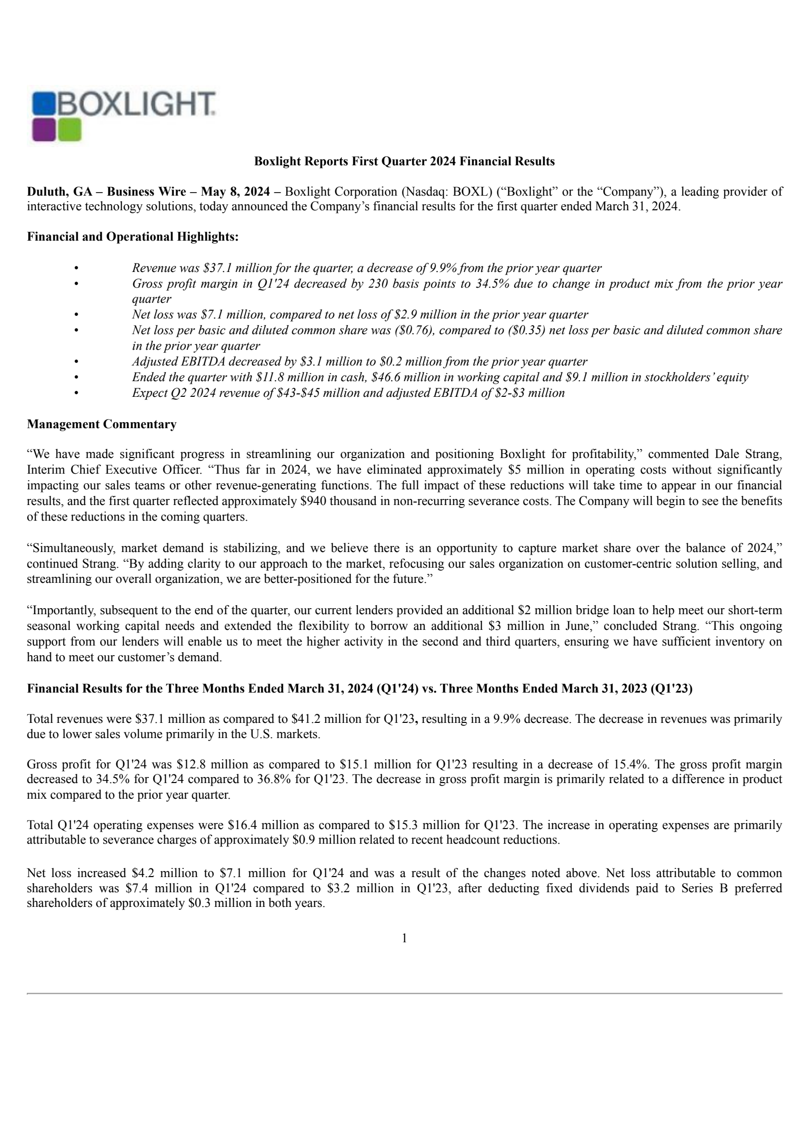 Boxlight's Q1 2024 Press Release