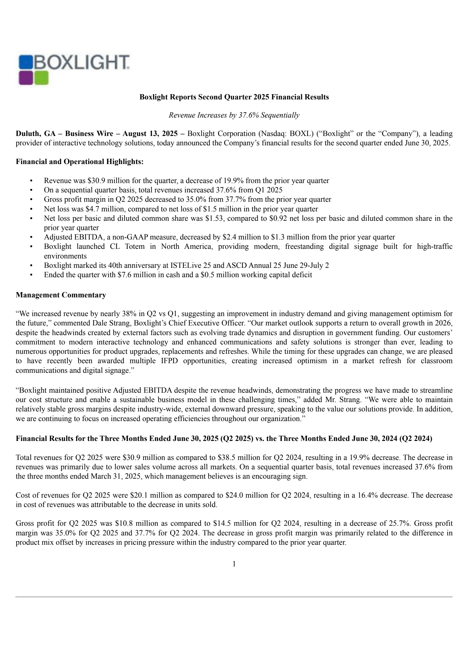 Boxlight's Q2 2025 Press Release