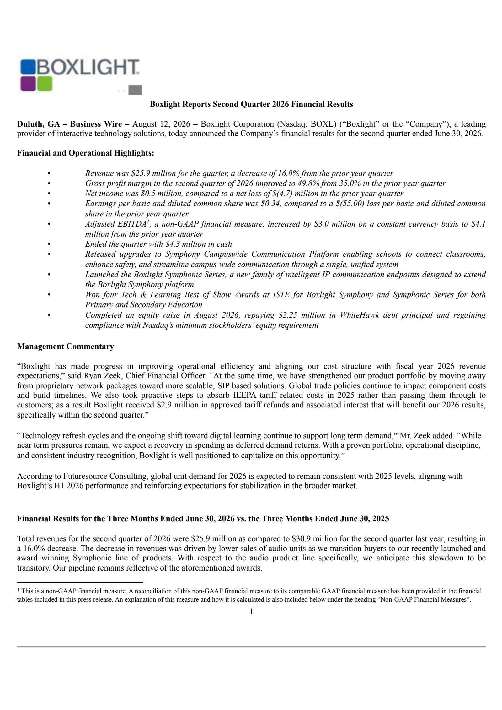 Boxlight's Q2 2026 Press Release