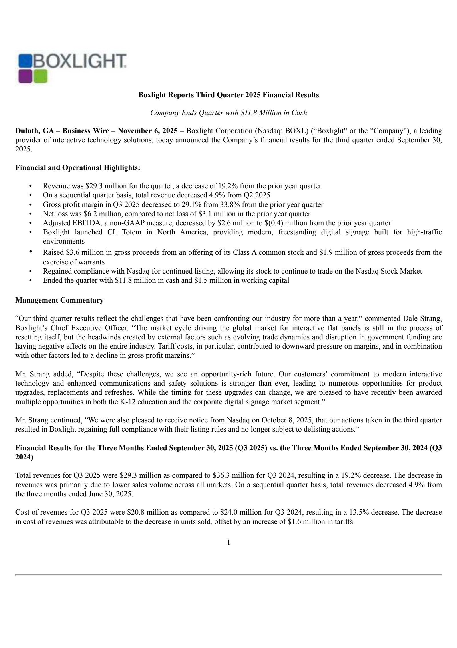 Boxlight's Q3 2025 Earnings Release